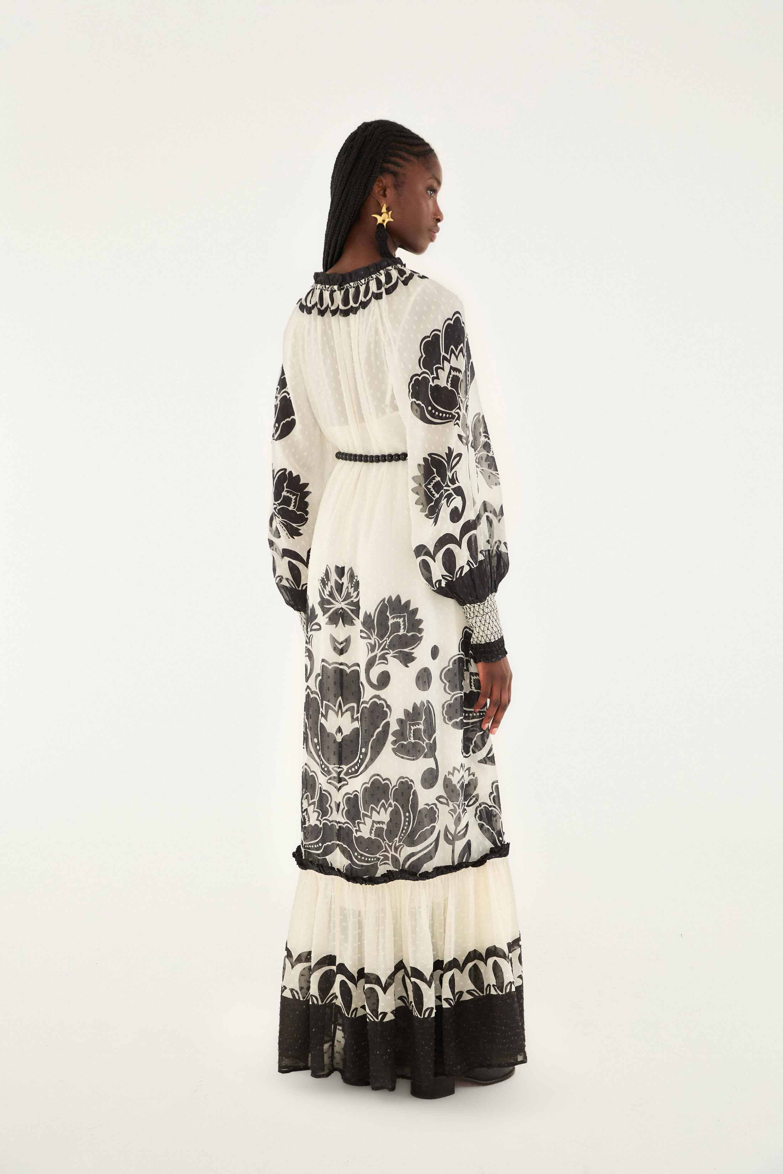 Cream Floral Arabesque Rope Belt Maxi Dress - Image 4