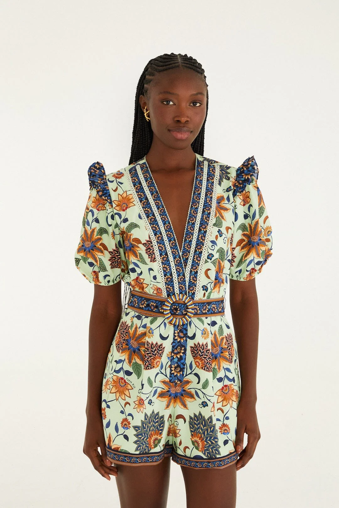 Light Green Floral Delhi Tapestry Belted Organic Cotton Romper - Image 4
