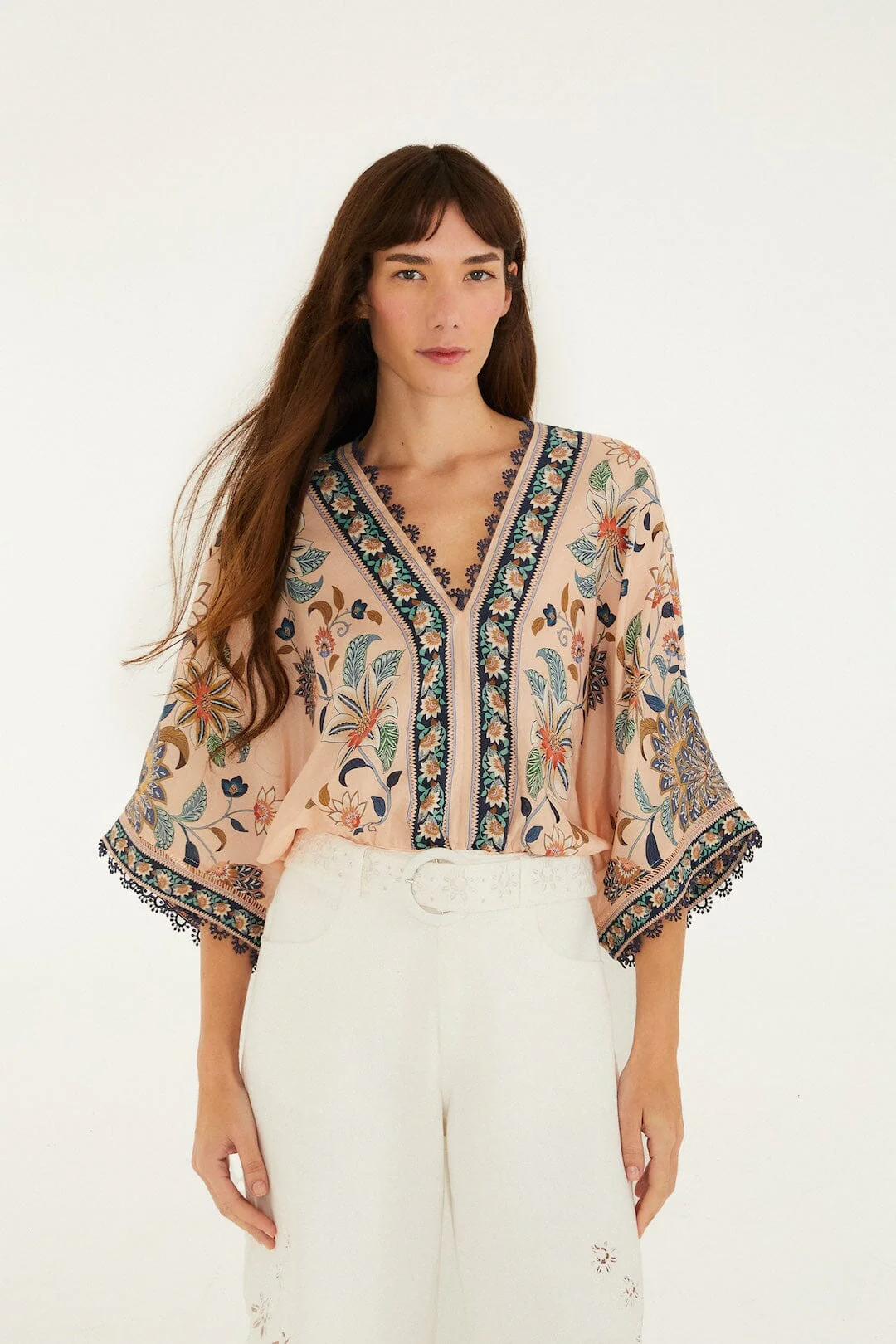 Soft Pink Floral Delhi Tapestry Kimono Sleeve Bodysuit - Image 3