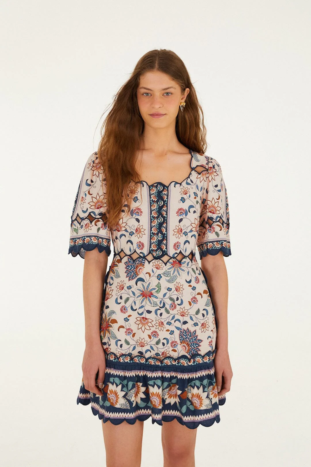 Pink Floral Delhi Tapestry Scallop Cut-Out Mini Dress - Image 4