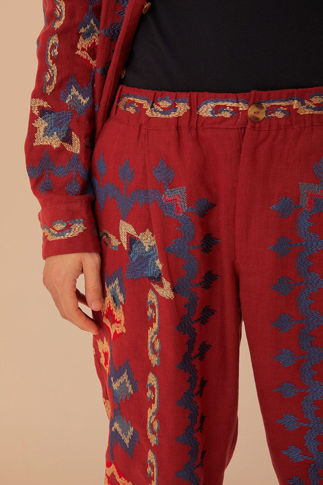 Red Floral Embroidery Jacquard Pants - Image 6