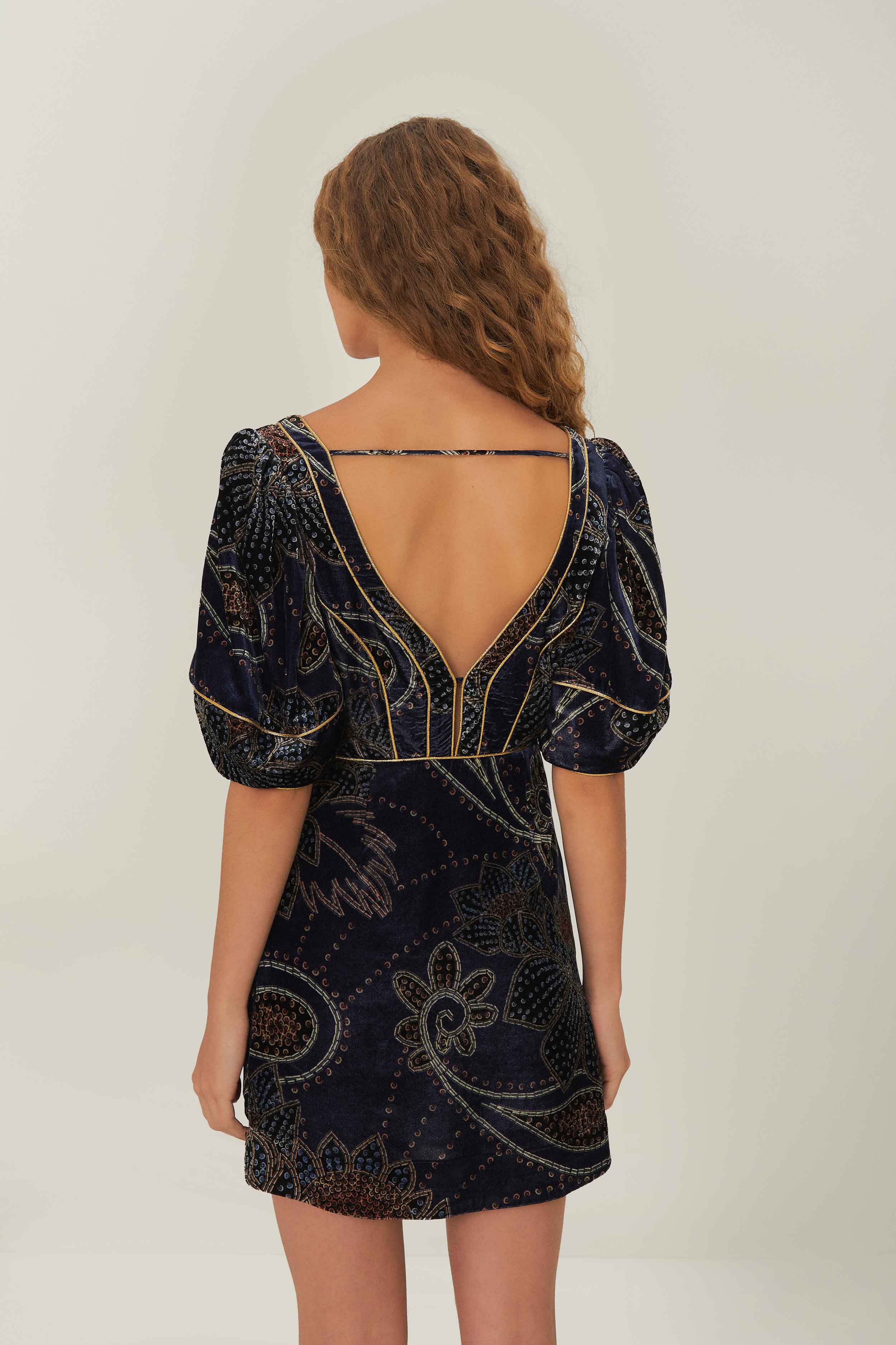 Blue Floral Glam Scarf Velvet Mini Dress - Image 4