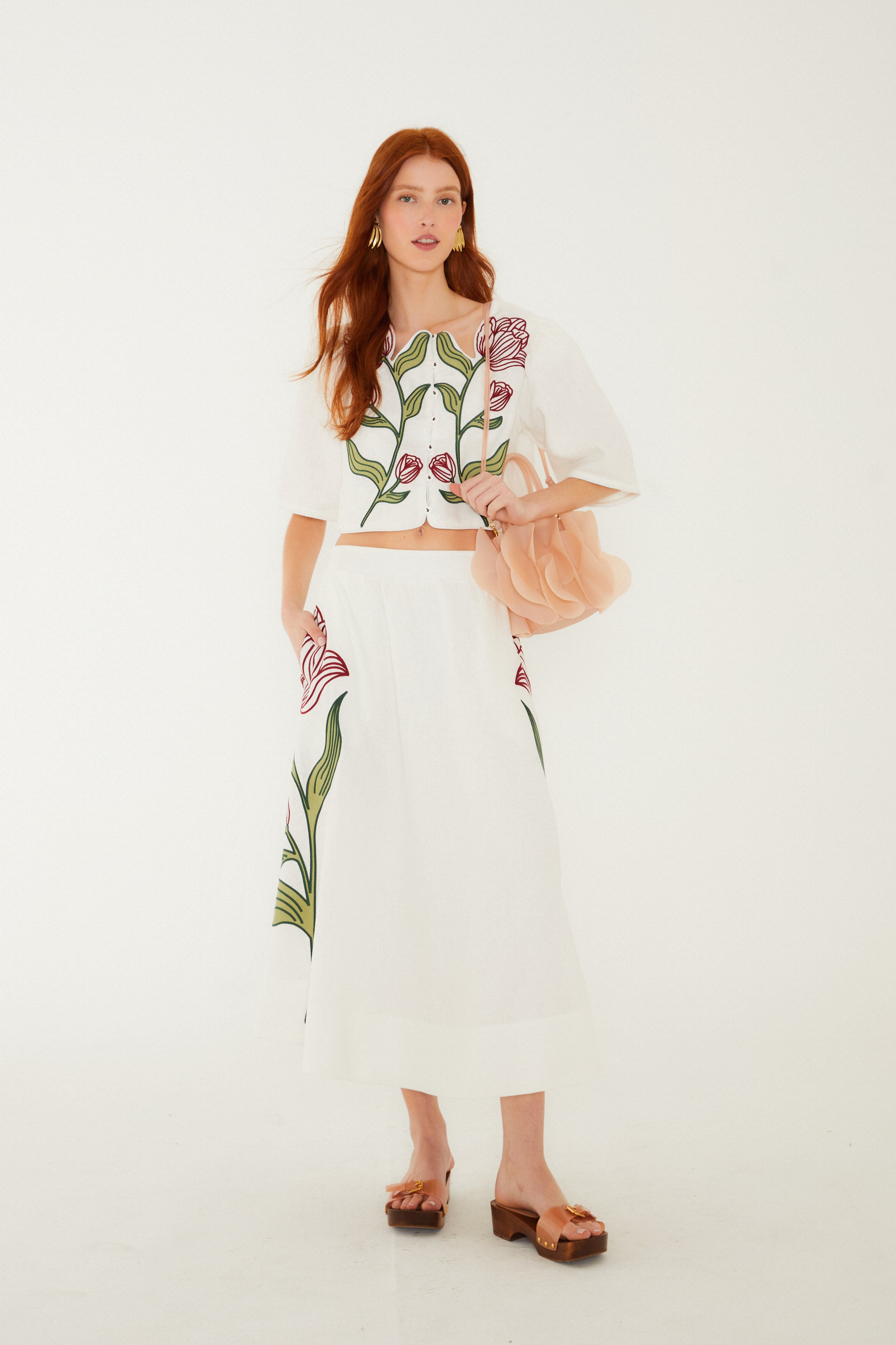 Off-White Flower Embroidered Euroflax Premium Linen Crop Top - Image 3