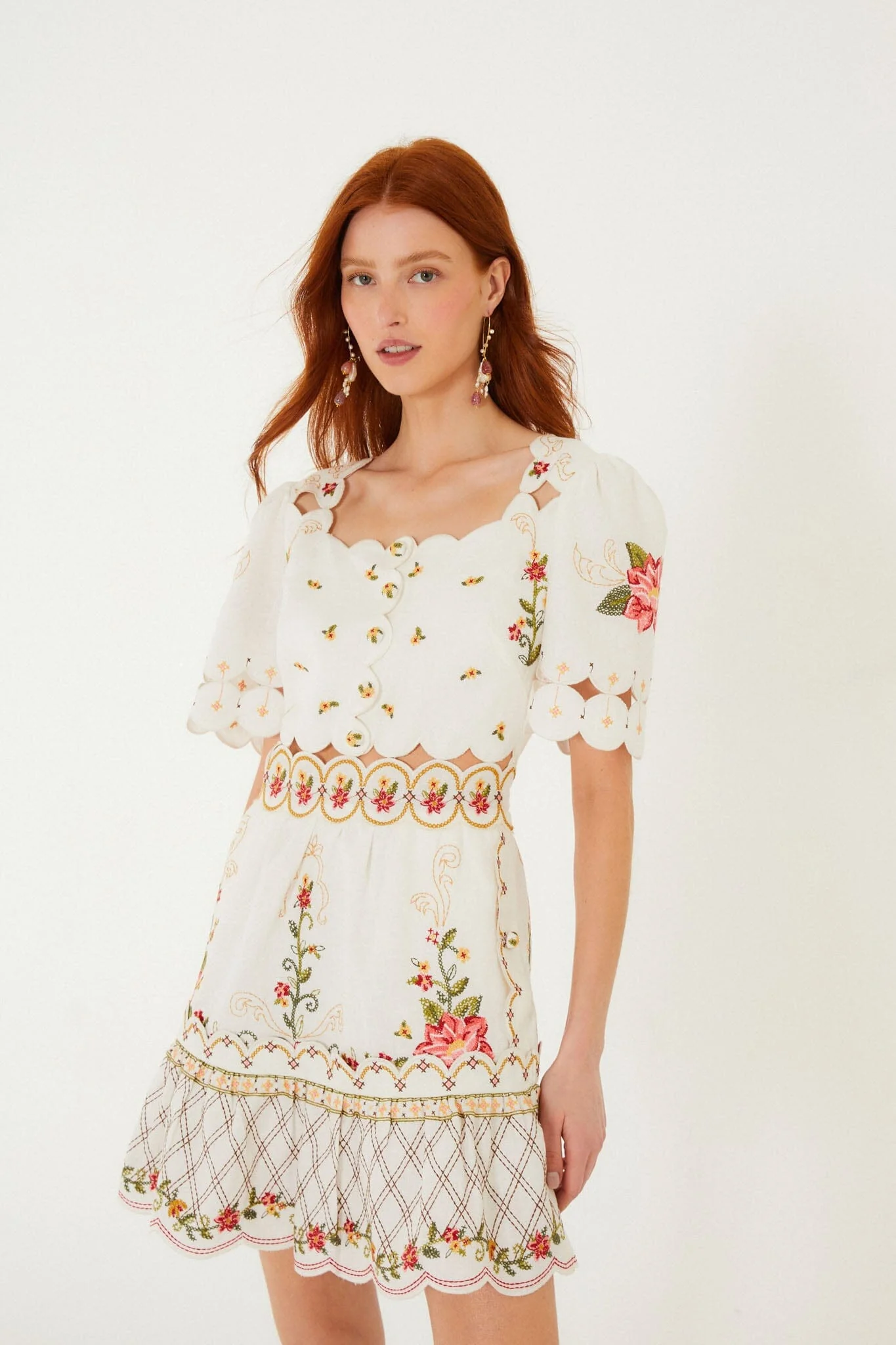 Off-White Flower Embroidery Scalloped Mini Dress - Image 4
