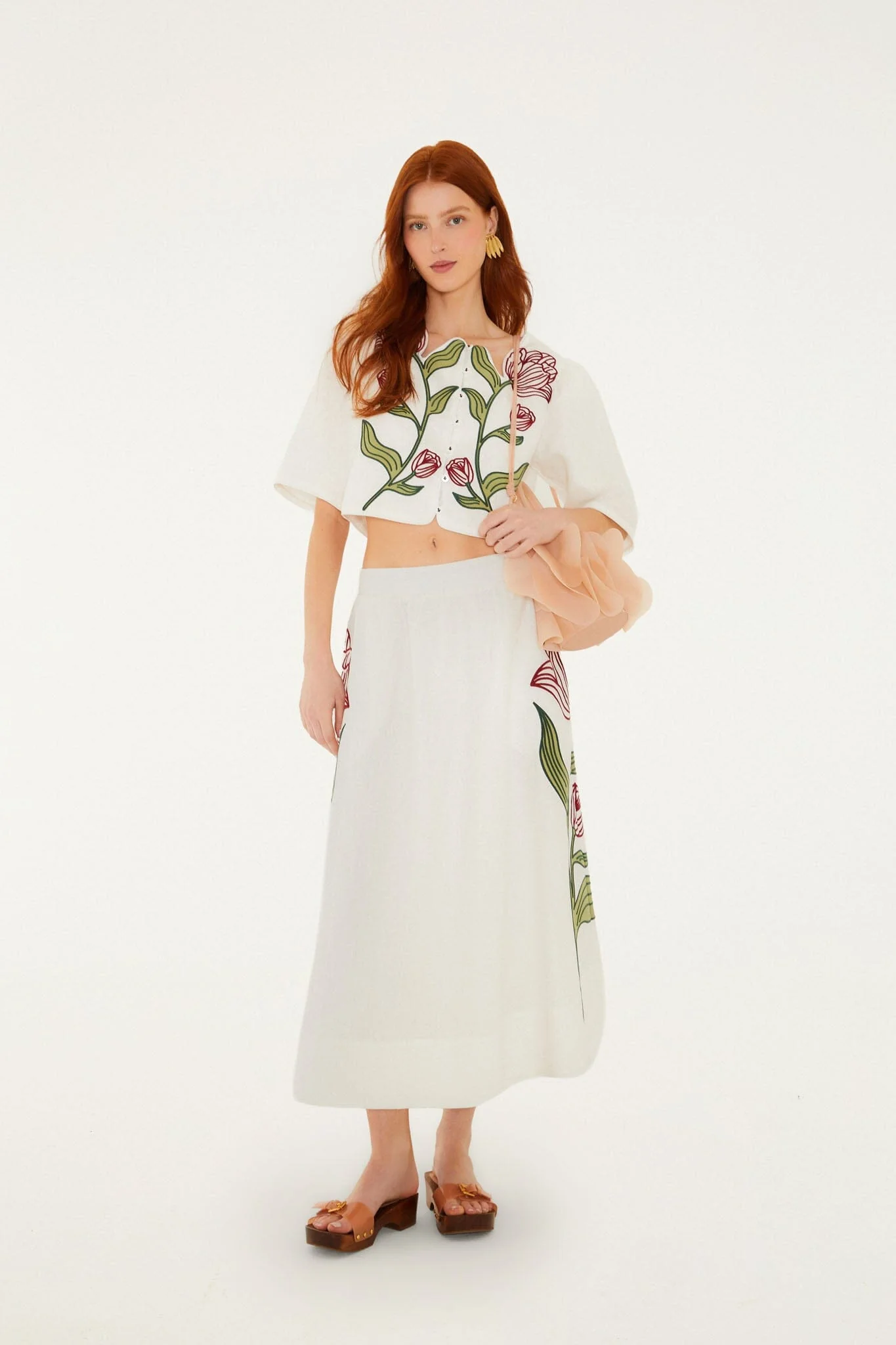 Off-White Flower Embroidered Euroflax Premium Linen Midi Skirt - Image 3