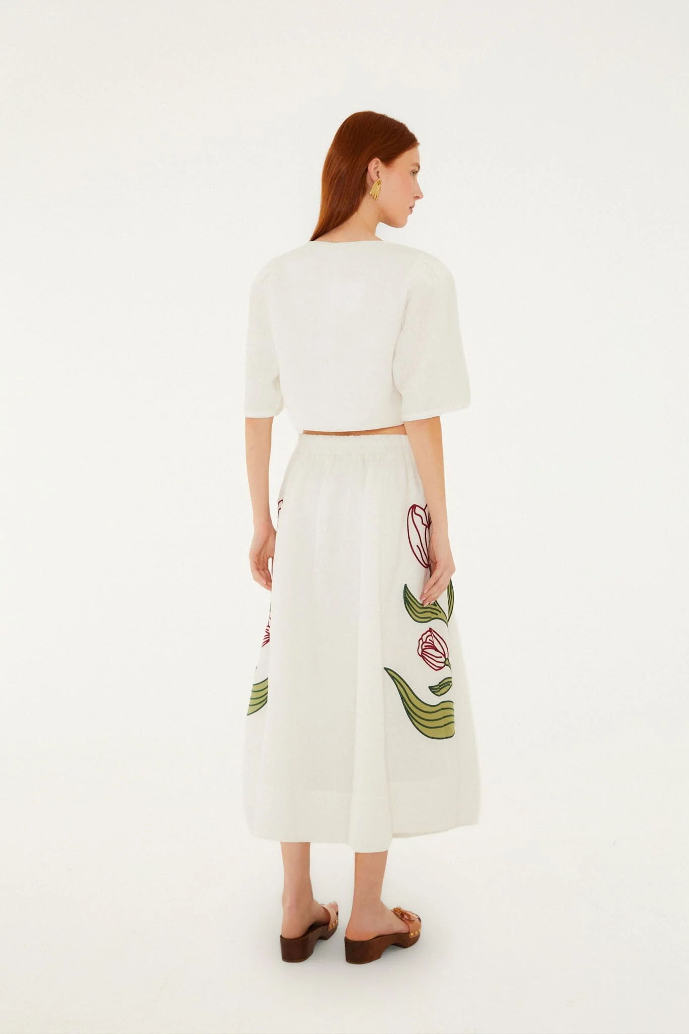 Off-White Flower Embroidered Euroflax Premium Linen Midi Skirt - Image 4