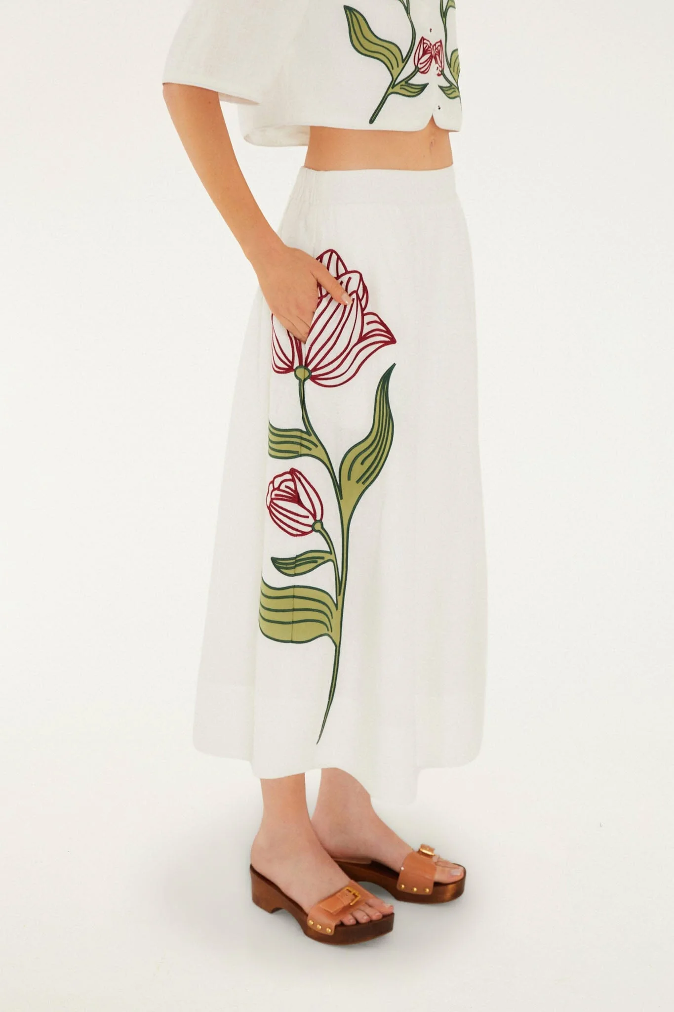 Off-White Flower Embroidered Euroflax Premium Linen Midi Skirt - Image 5