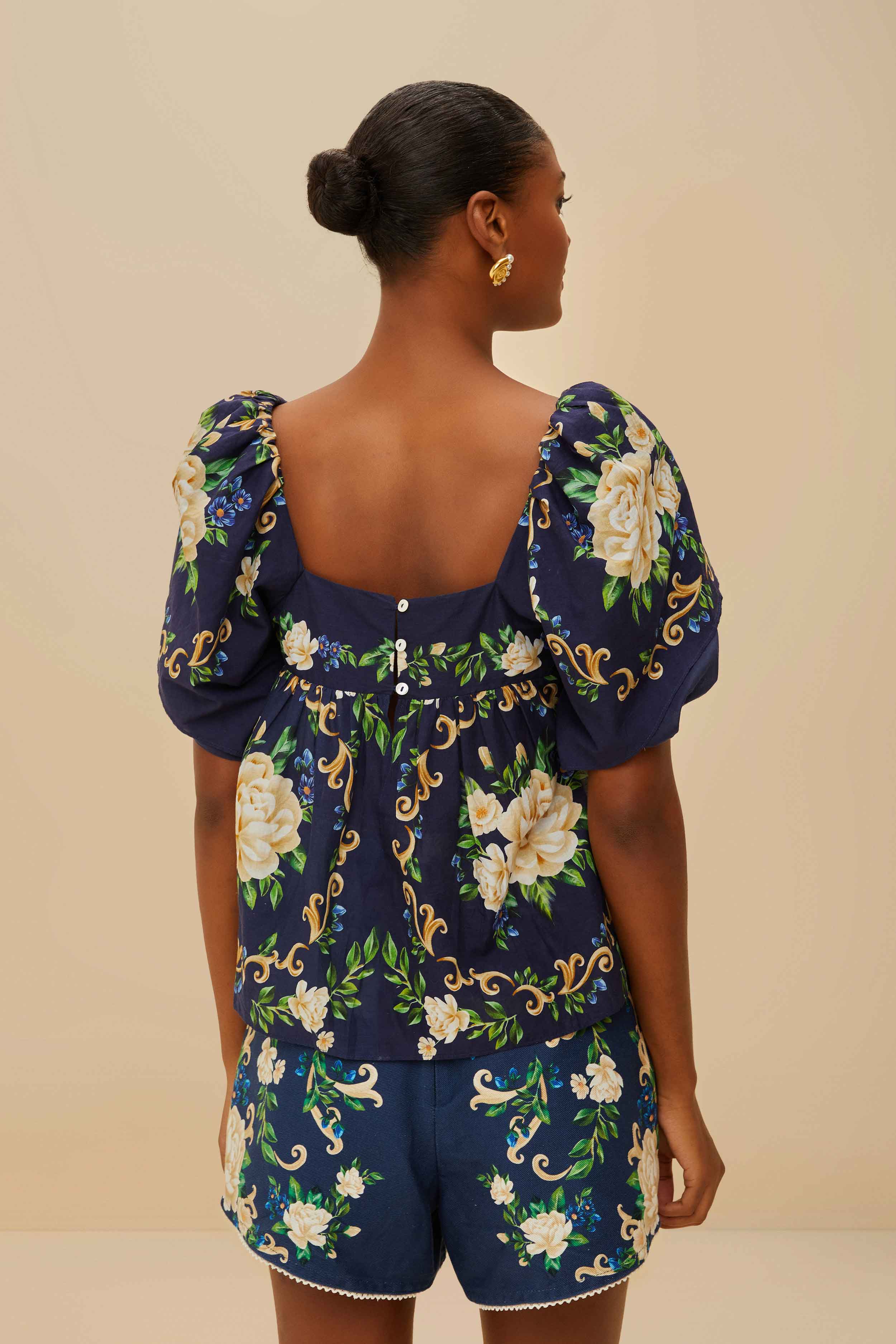 Blue Flower Tapestry Yoke Blouse - Image 4