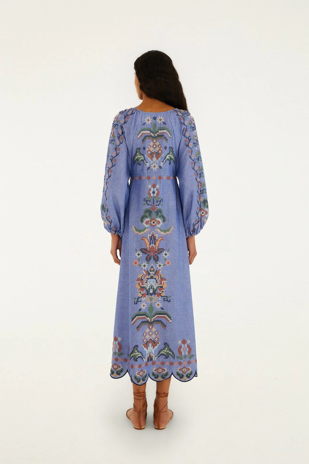 Blue Garden Tapestry Embroidered Long Sleeve Midi Dress - Image 4