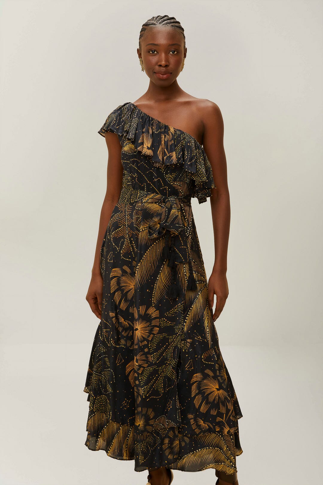 Black Golden Foliage One-Shoulder Maxi Dress - Image 2