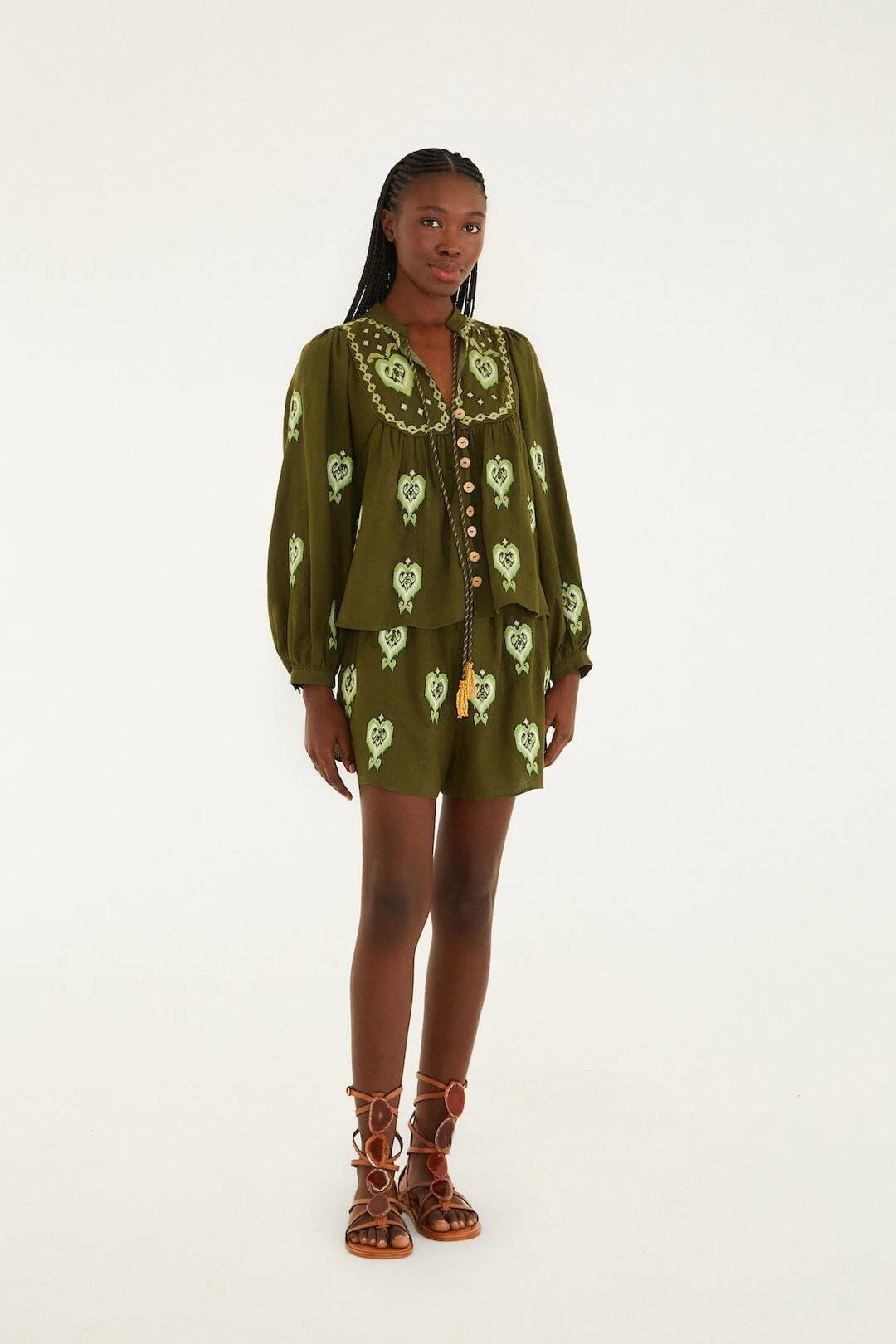 Green Embroidered Puff Sleeve Lenzing™ Ecovero™ Euroflax™ Blouse - Image 4