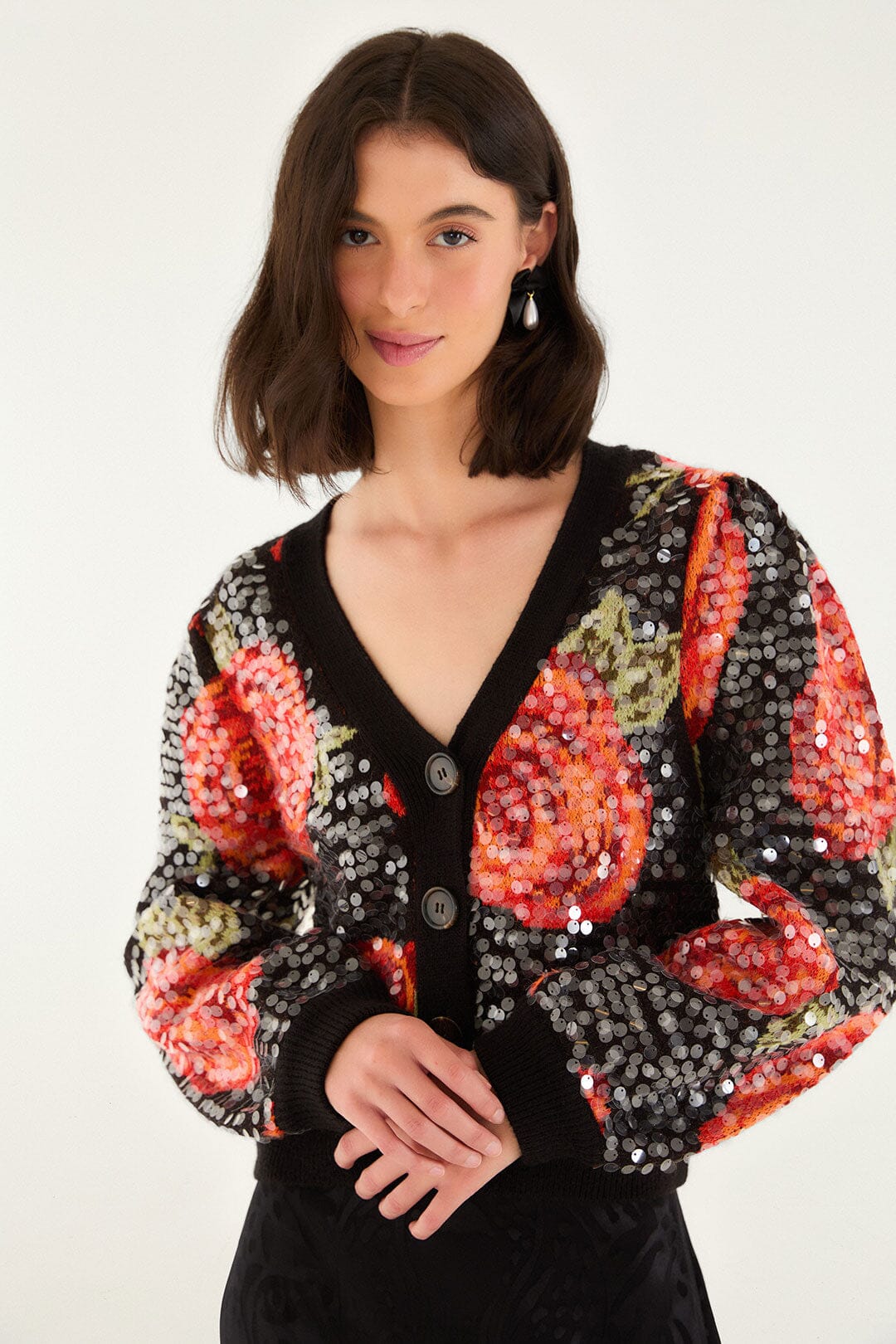 Black Latin Roses Buttoned Sequined Knit Cardigan - Image 3