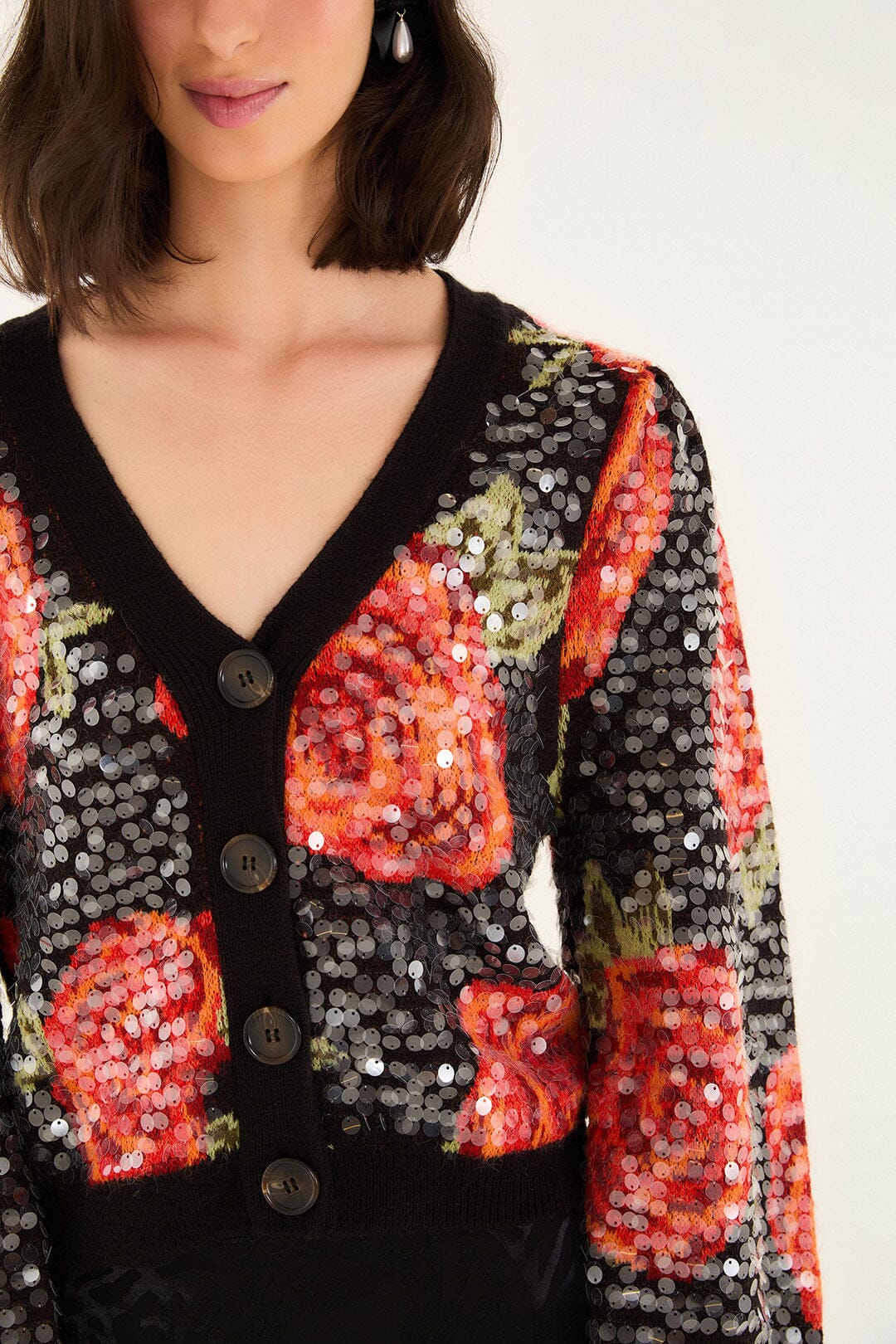 Black Latin Roses Buttoned Sequined Knit Cardigan - Image 4