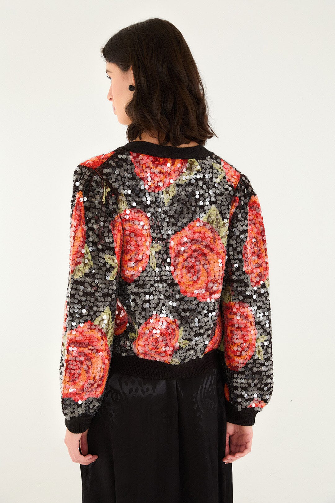 Black Latin Roses Buttoned Sequined Knit Cardigan - Image 5