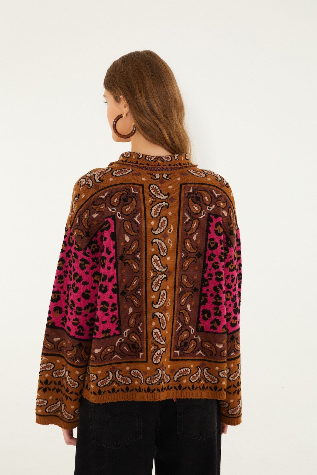 Brown Leopard Scarf Polo Knit Sweater - Image 3