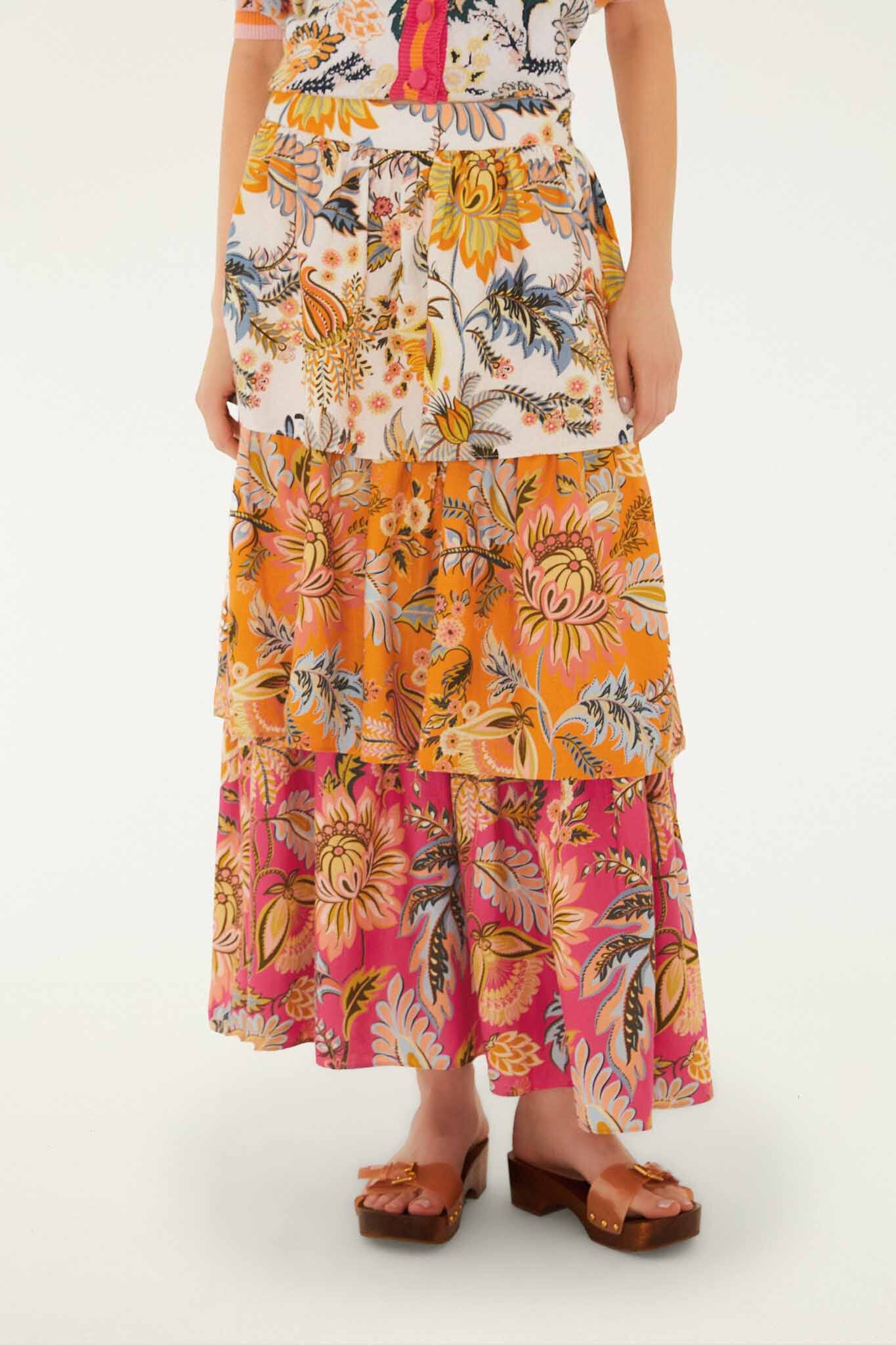 Multicolor Ligia Floral Mix Layered Lenzing Ecovero Euroflax Midi Skirt - Image 2