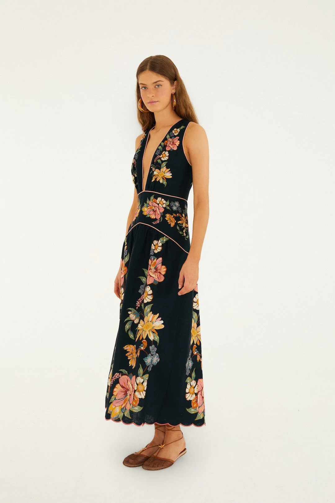 Dark Blue Maira Floral Euroflax™ Premium Linen Midi Dress - Image 4
