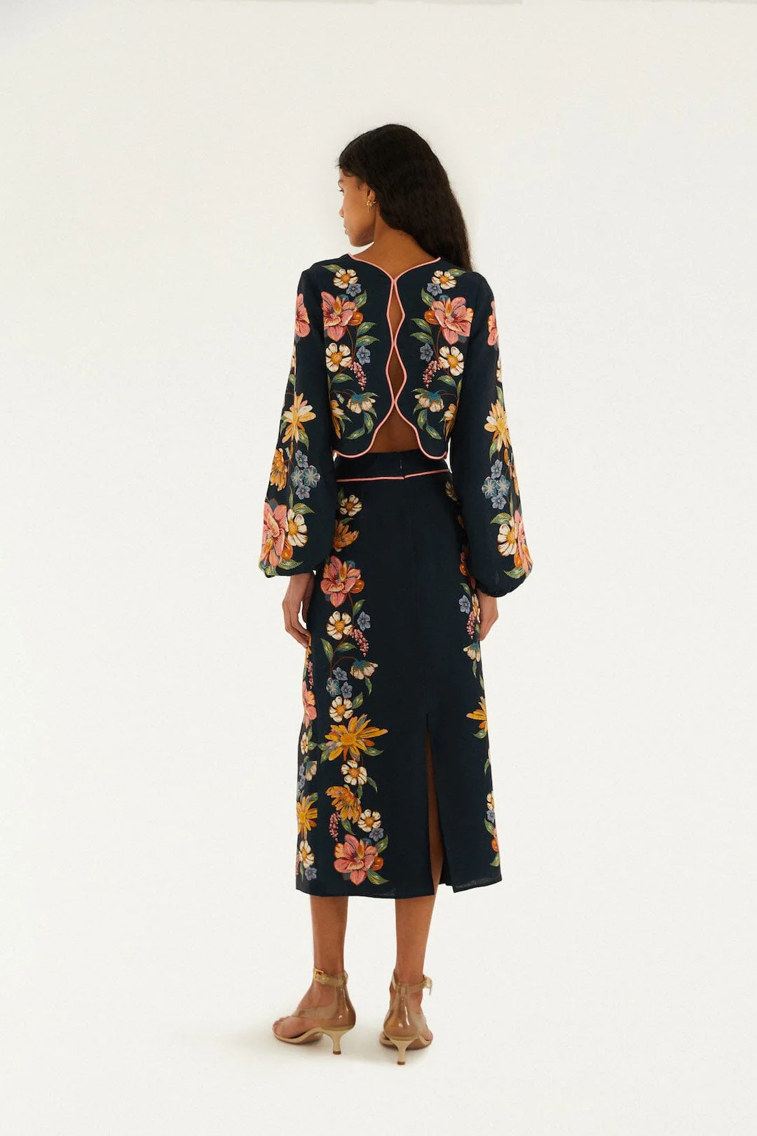Dark Blue Maira Floral Euroflax™ Premium Linen Midi Skirt - Image 3
