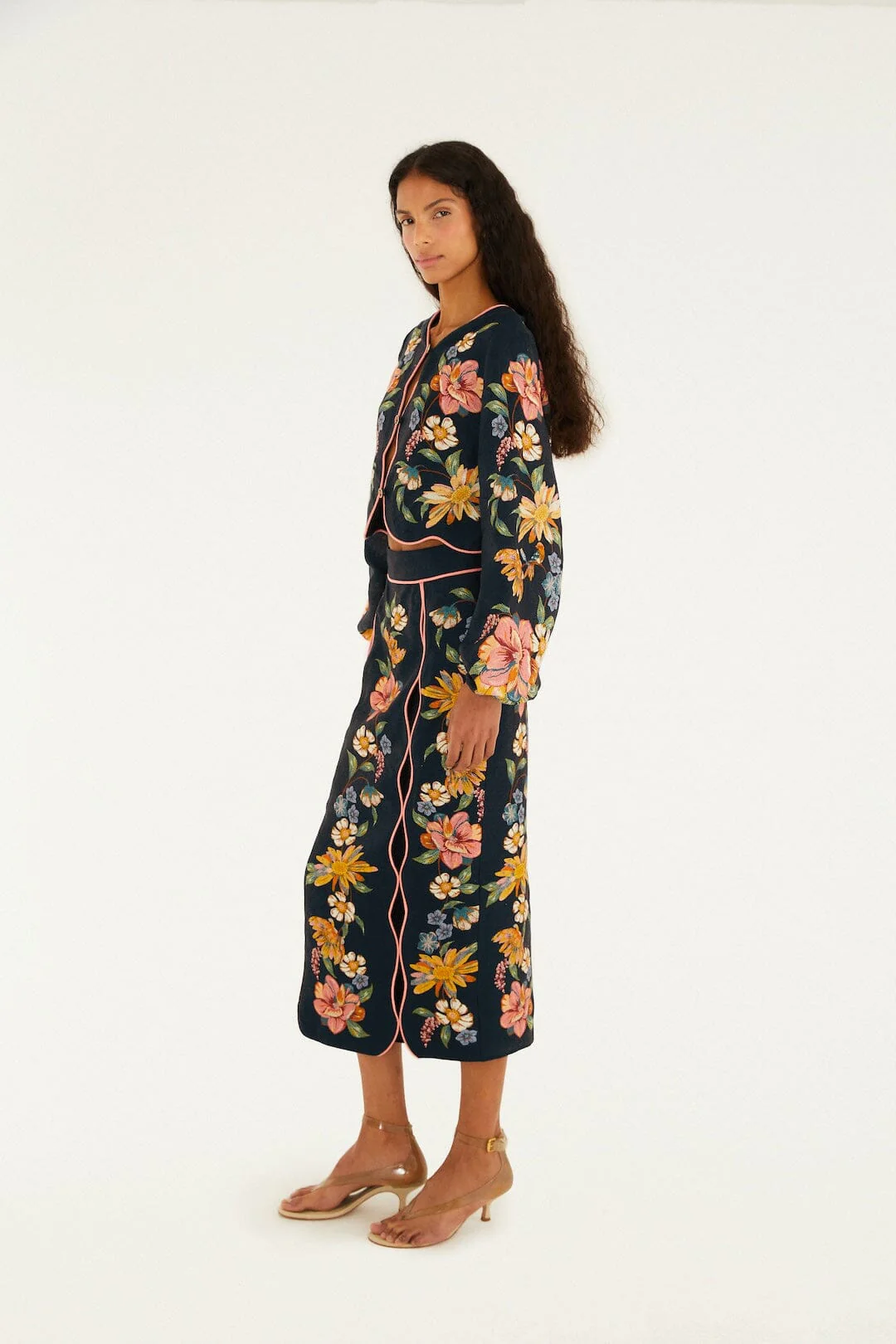Dark Blue Maira Floral Euroflax™ Premium Linen Midi Skirt - Image 4
