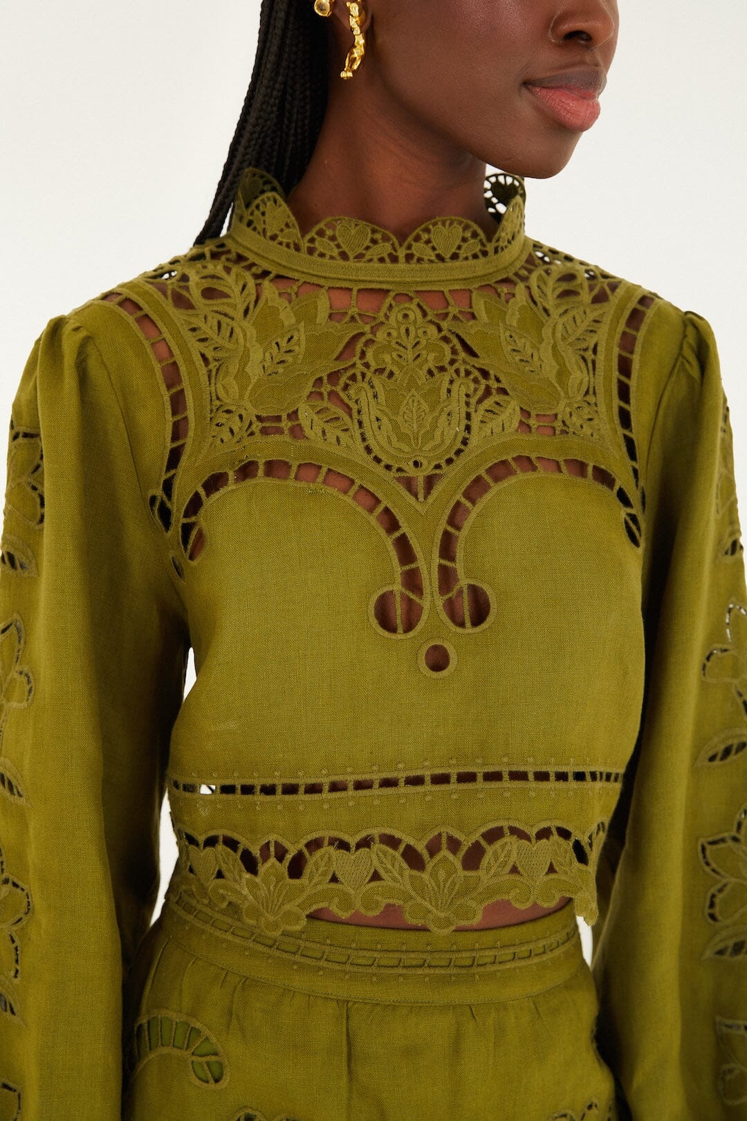 Green Majestic Garden Euroflax_x0099_ Premium Linen Richelieu Blouse - Image 2