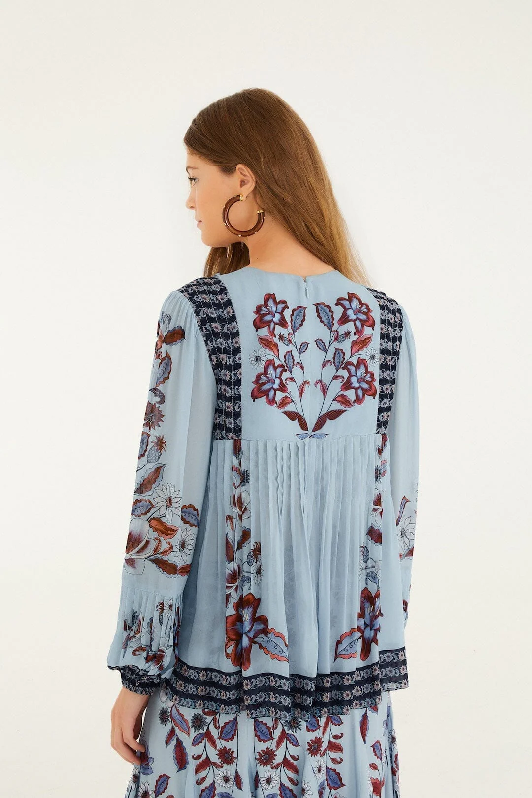 Soft Blue Marcelle Crochet Buttons Pleated Blouse - Image 3