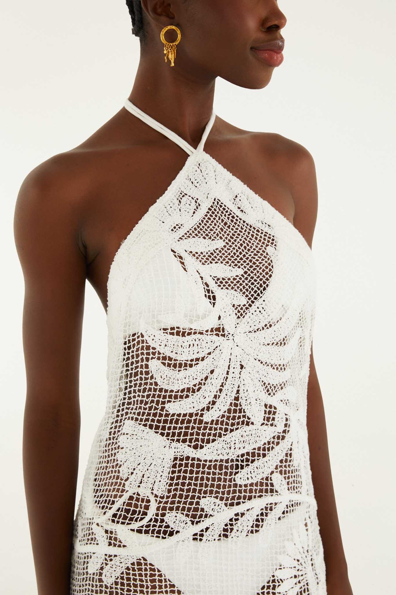 White Crochet Halter Neck Sheer Midi Dress - Image 3