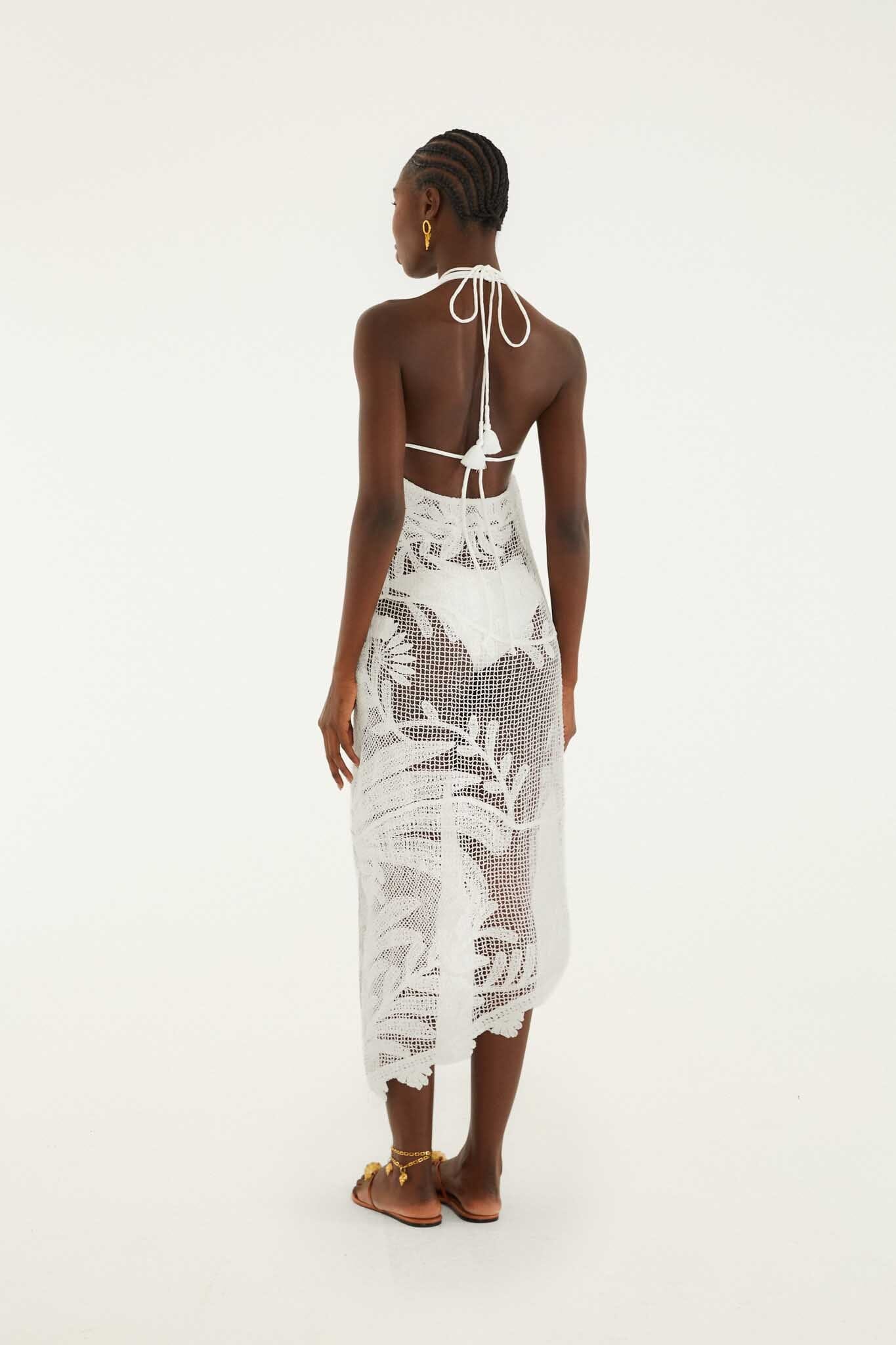 White Crochet Halter Neck Sheer Midi Dress - Image 4