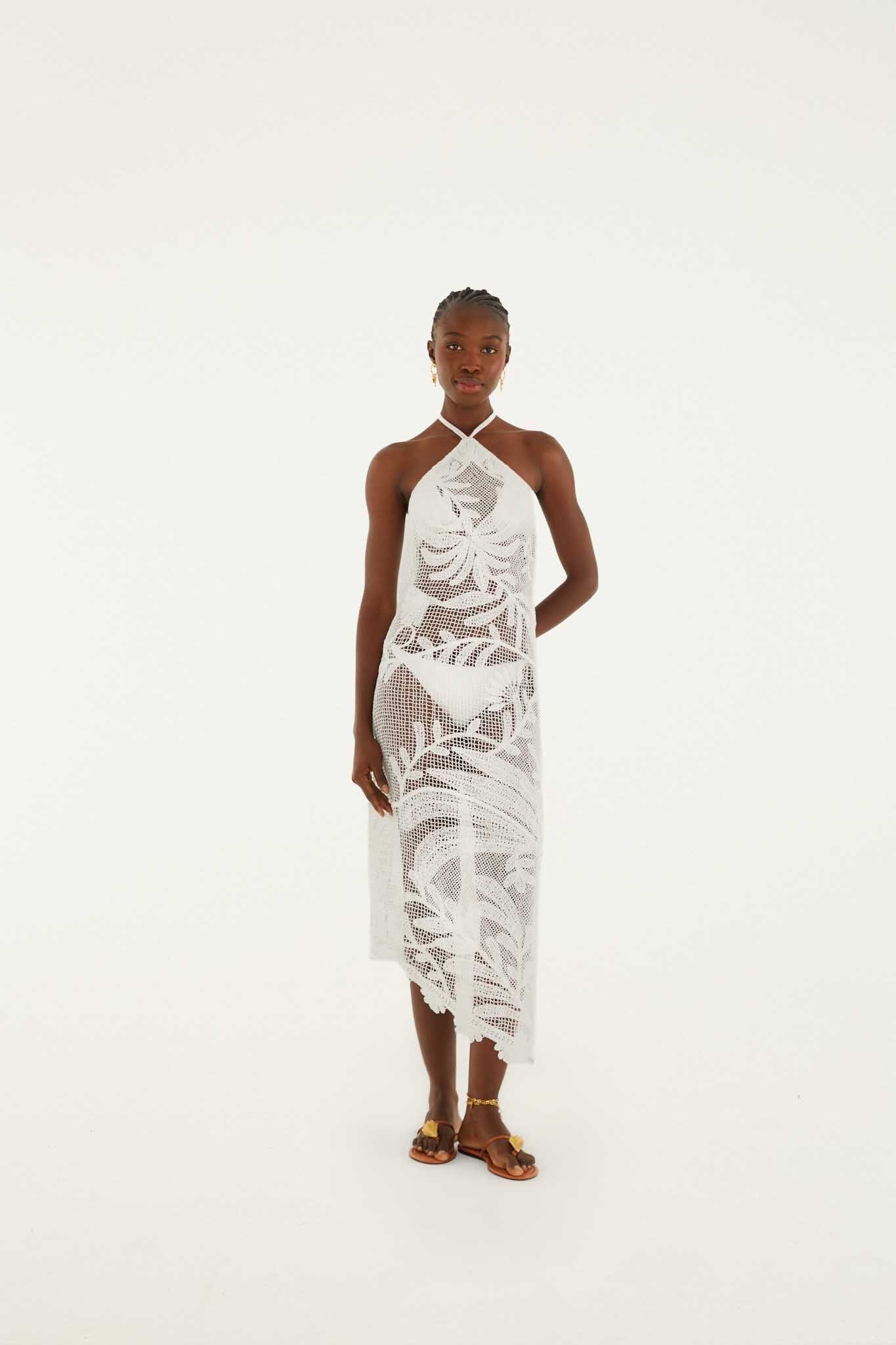 White Crochet Halter Neck Sheer Midi Dress - Image 5