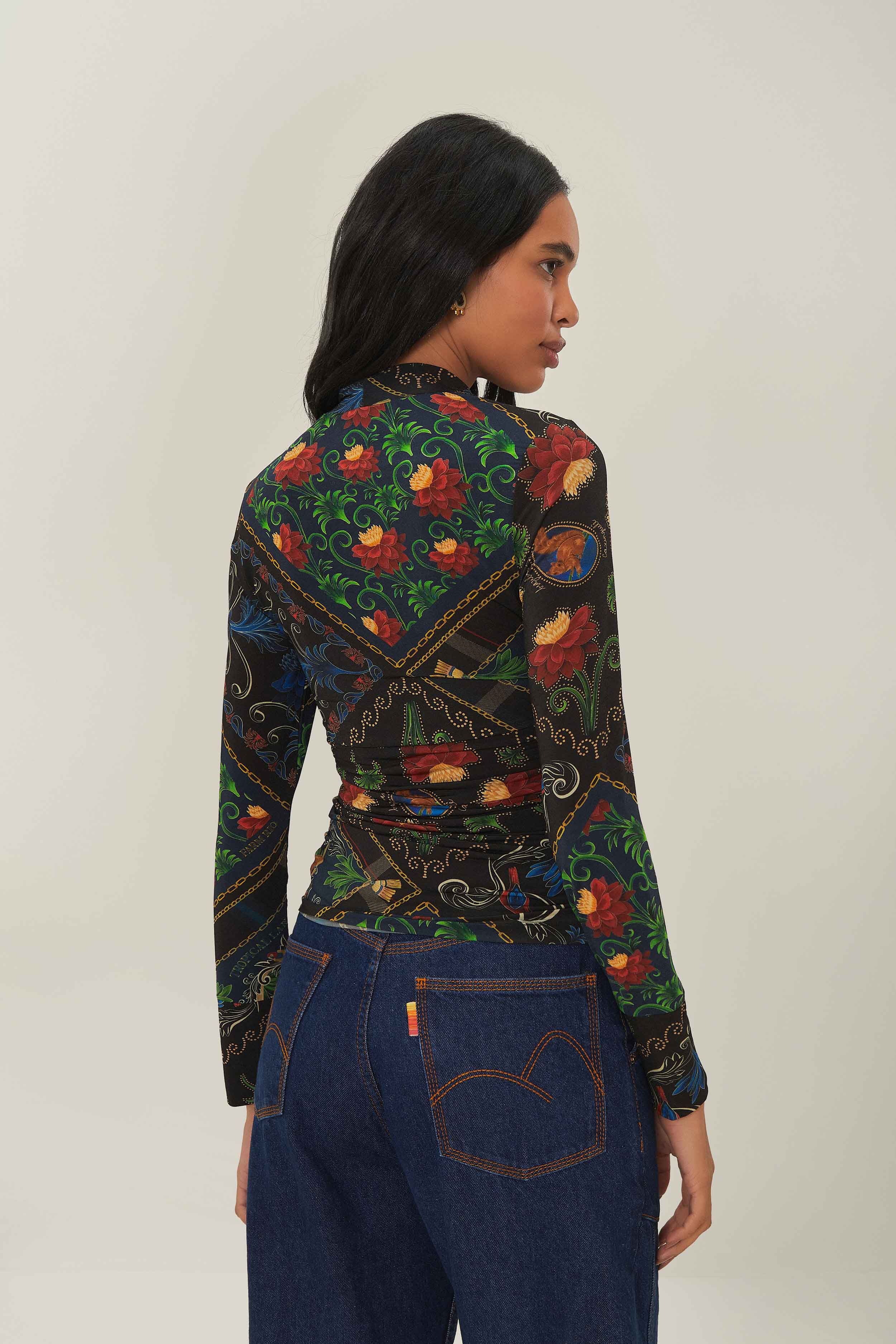 Black Mixed Arabesque Scarves Jersey Blouse - Image 3