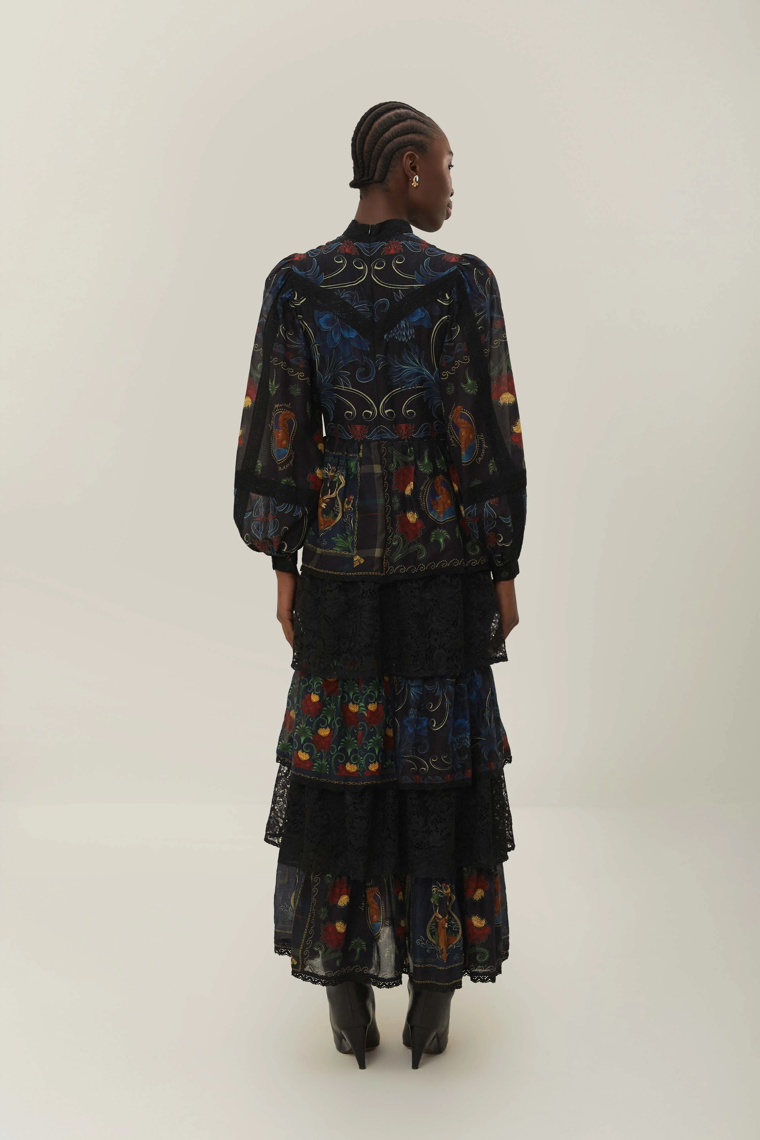 Black Mixed Arabesque Scarves Long Sleeve Maxi Dress - Image 3