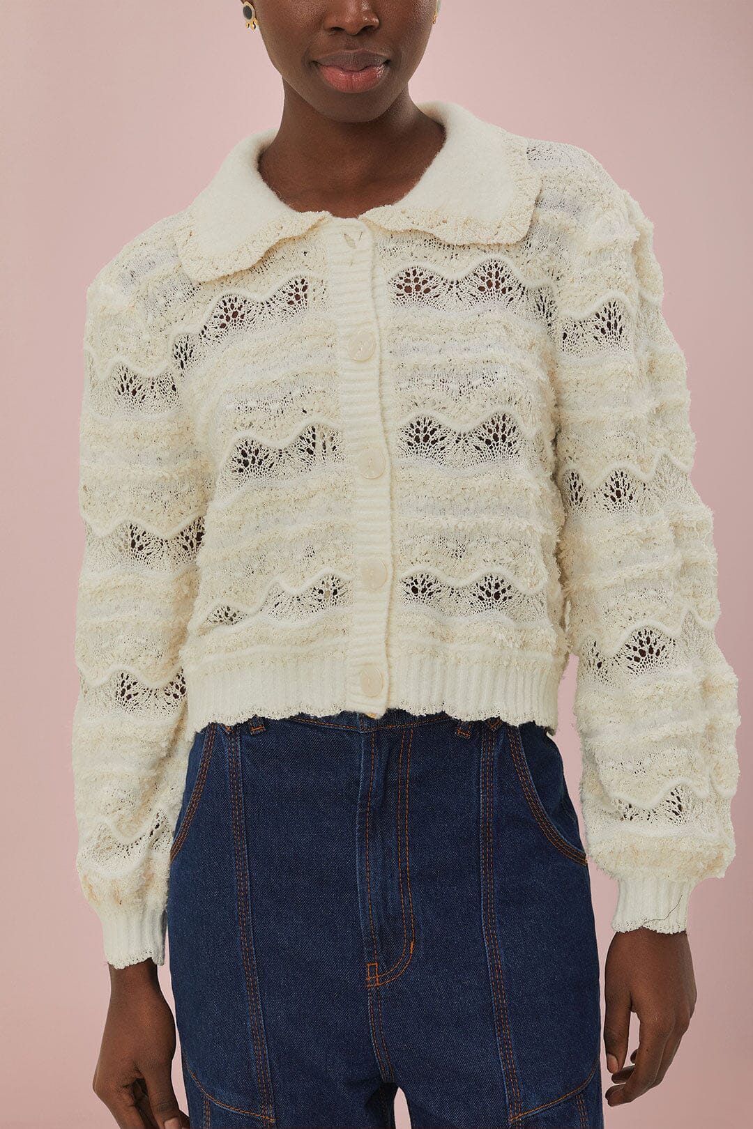 Mixed Stitches Off-White Knit Cardigan - Image 3