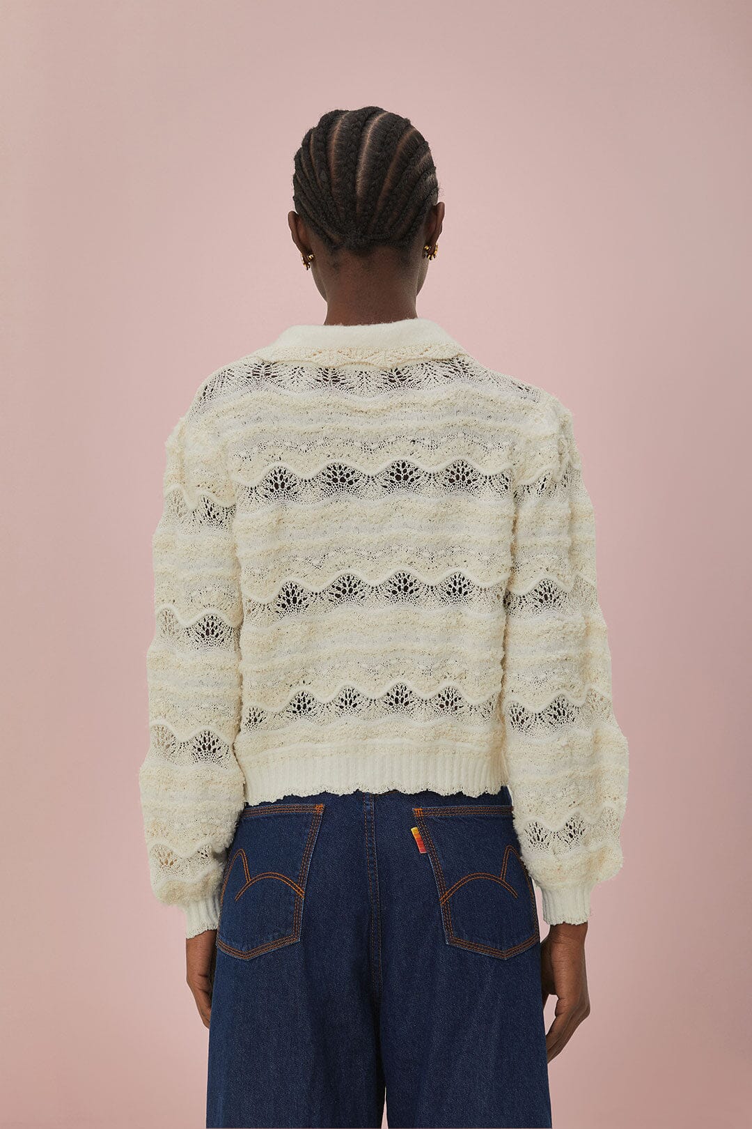 Mixed Stitches Off-White Knit Cardigan - Image 4