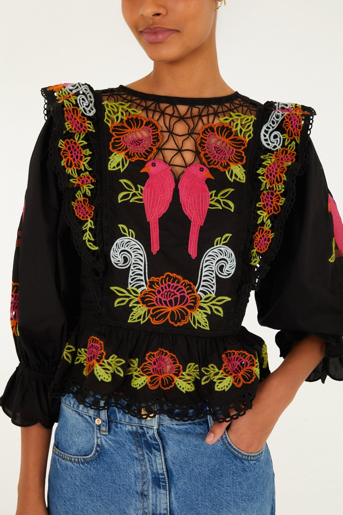 Black Mujeres Y Flores Embroidered Organic Cotton Richelieu Blouse - Image 2