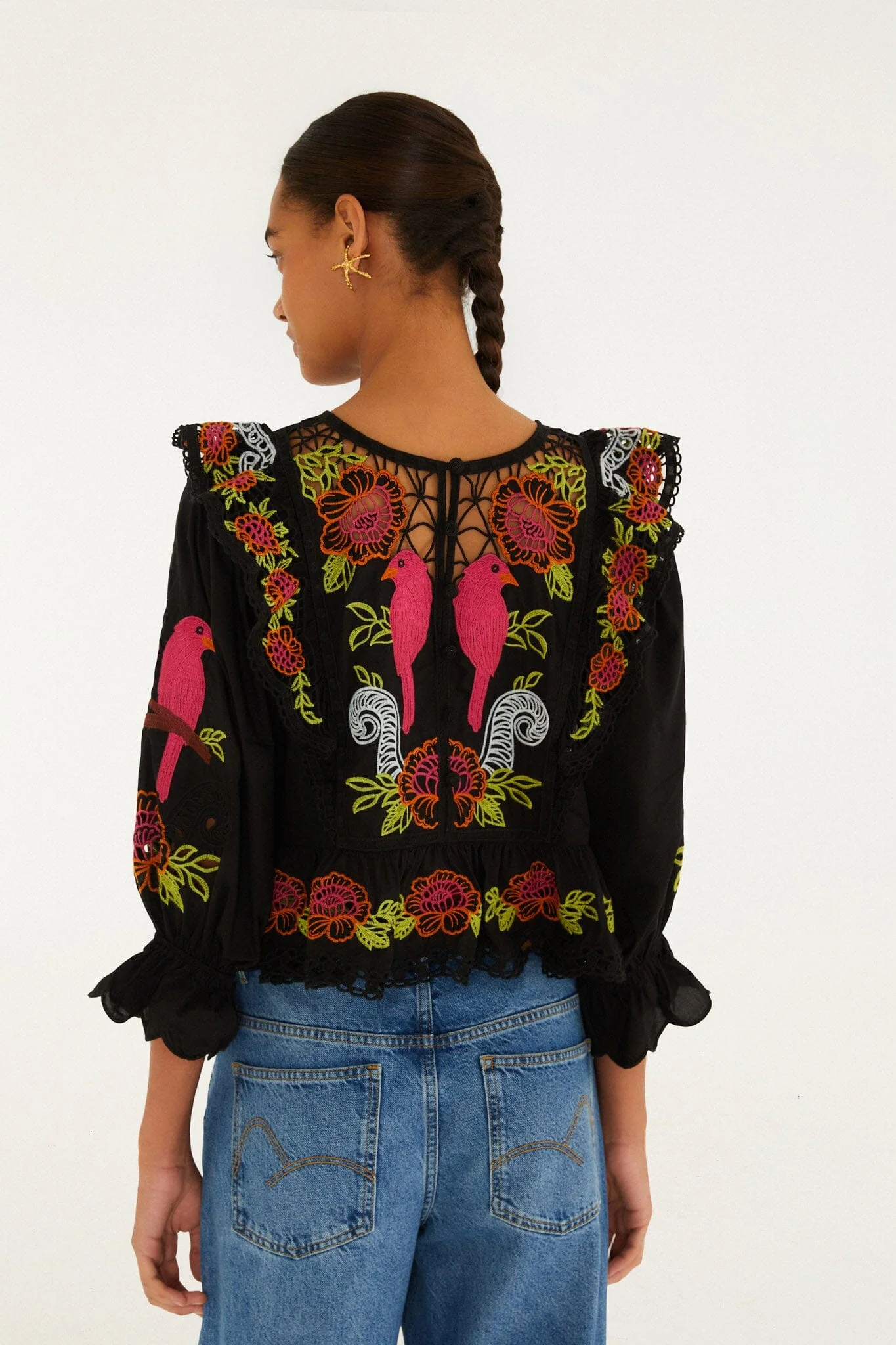 Black Mujeres Y Flores Embroidered Organic Cotton Richelieu Blouse - Image 3