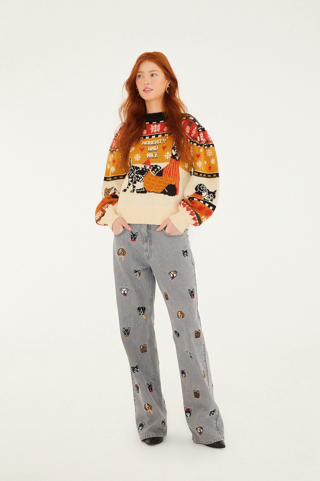 Multicolor Naughty And Nice Puff Sleeve Knit Sweater - Image 4
