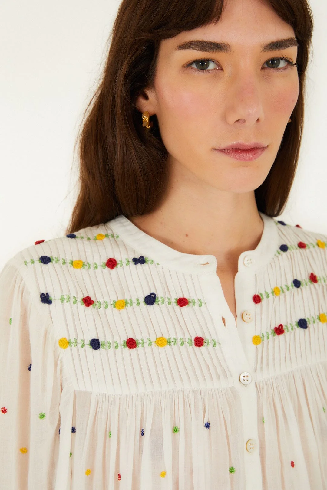 Off-White Embroidered Beads Organic Cotton Long Sleeve Blouse - Image 2