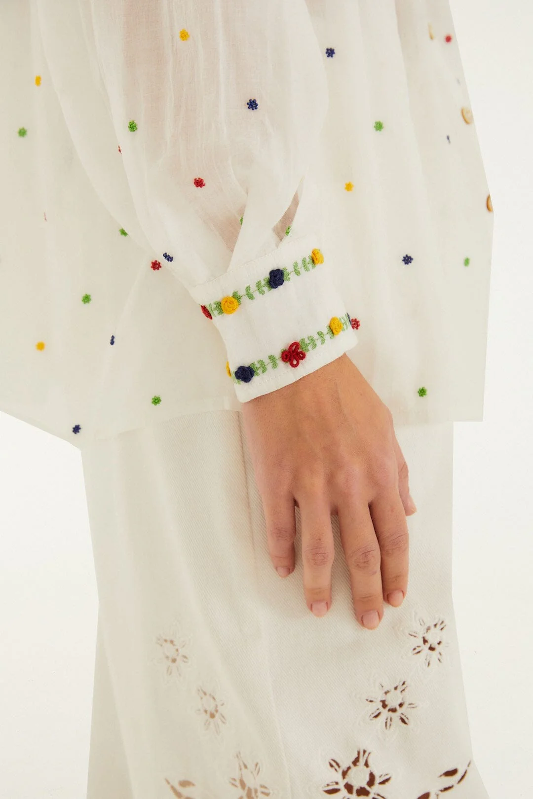 Off-White Embroidered Beads Organic Cotton Long Sleeve Blouse - Image 4