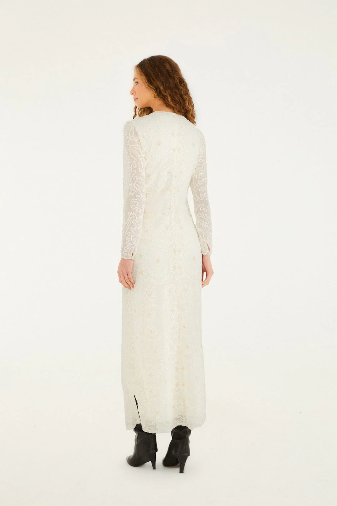 Off-White Embroidered Crew Neck Long Sleeve Maxi Dress - Image 3