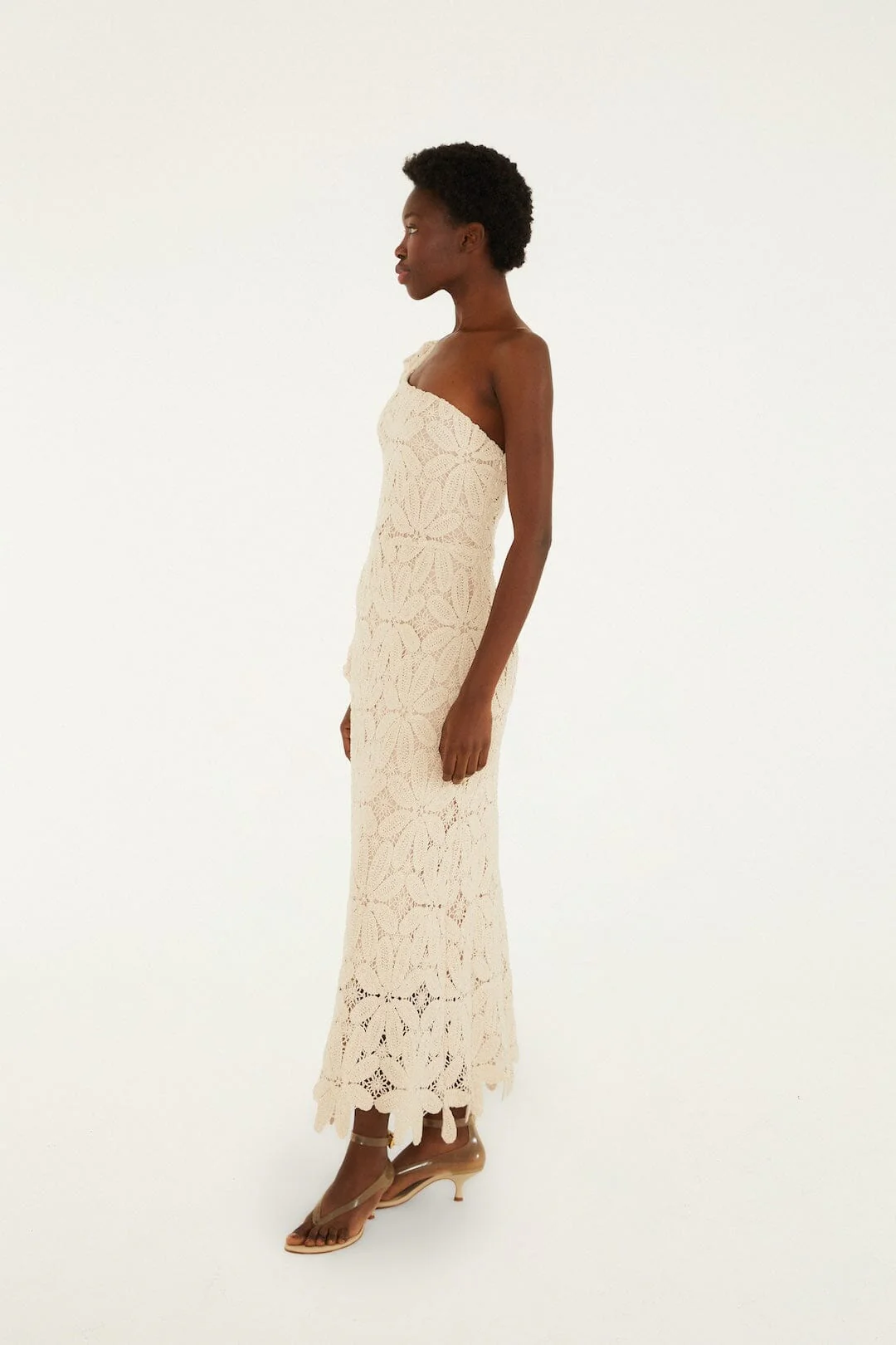 Off-White One-Shoulder Crochet Flower Maxi Dress - Image 5