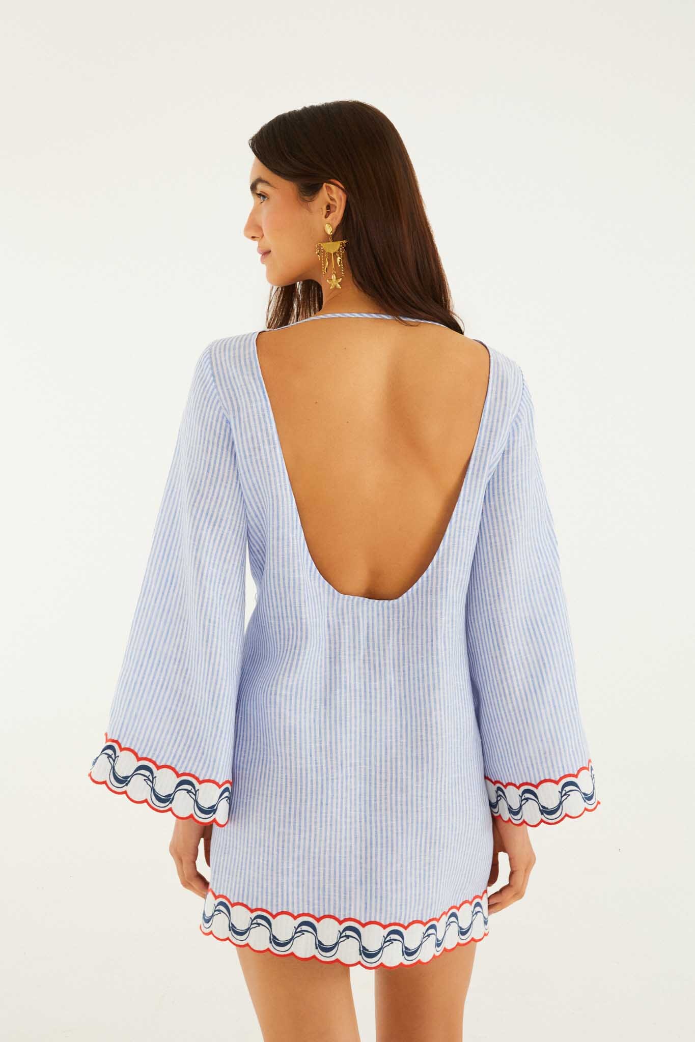 Blue Stripes Embroidered Open Back Mini Dress - Image 4