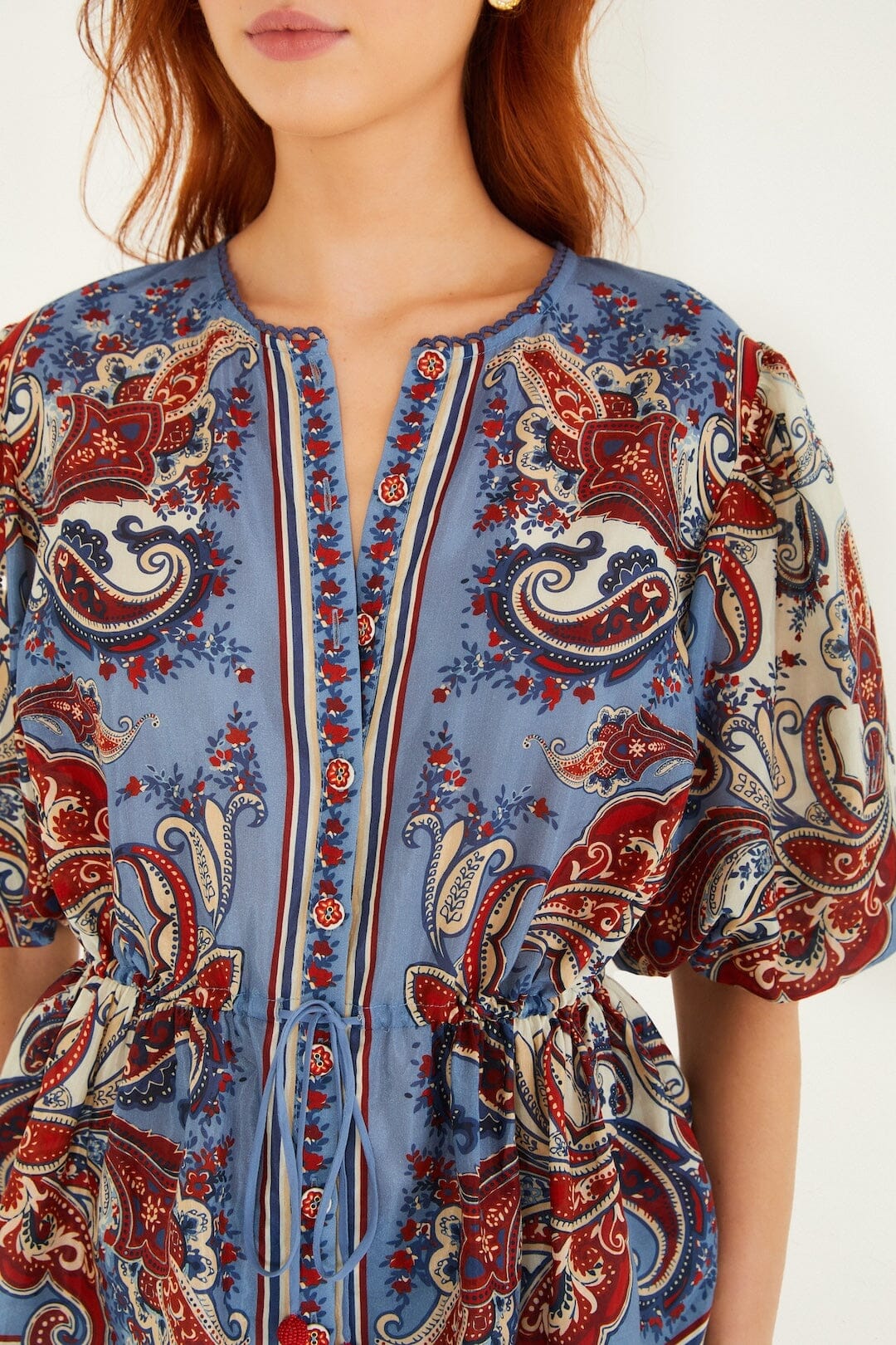 Blue Paisley Scarf Short Sleeve Blouse - Image 2