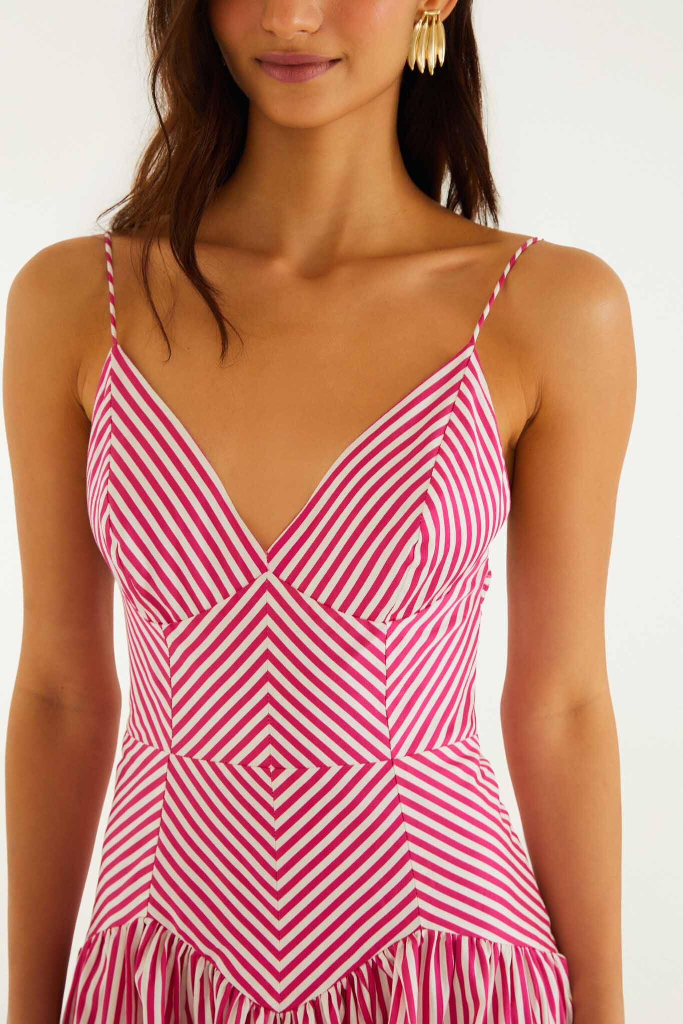 Pink Palm Tree Stripes Cutwork Organic Cotton Midi Dress - Image 4