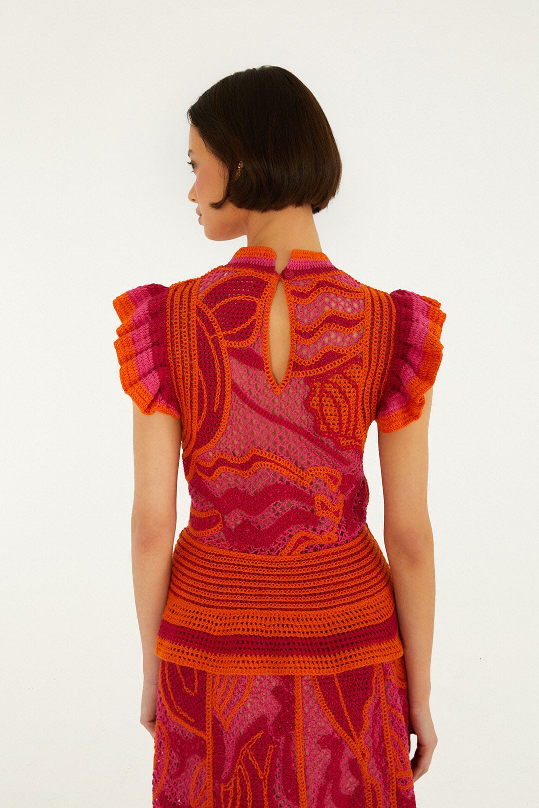Pink And Orange Seashell Ruffled Crochet Top - Image 3