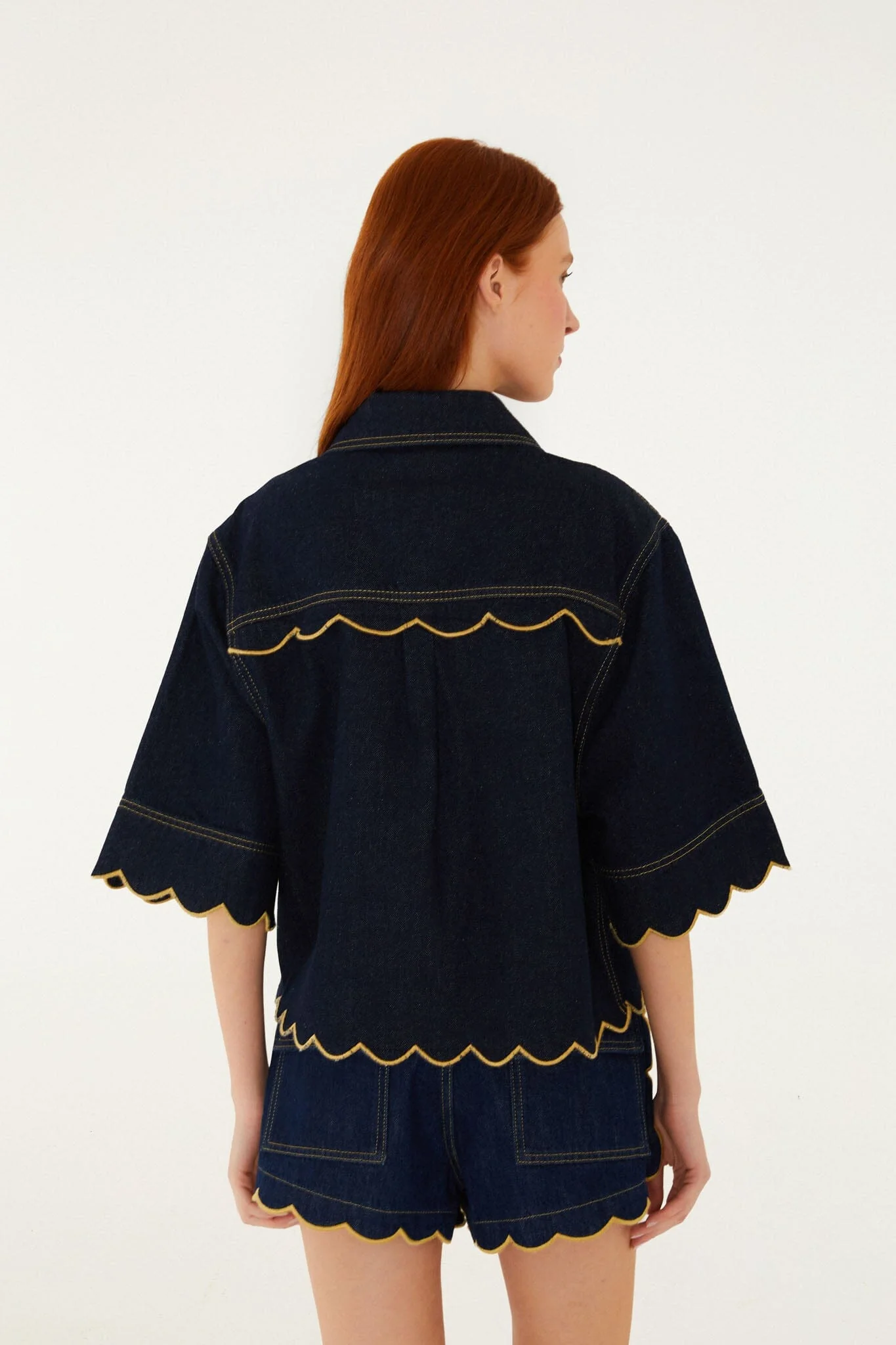 Dark Denim Pockets Wavy Hem Shorts - Image 6