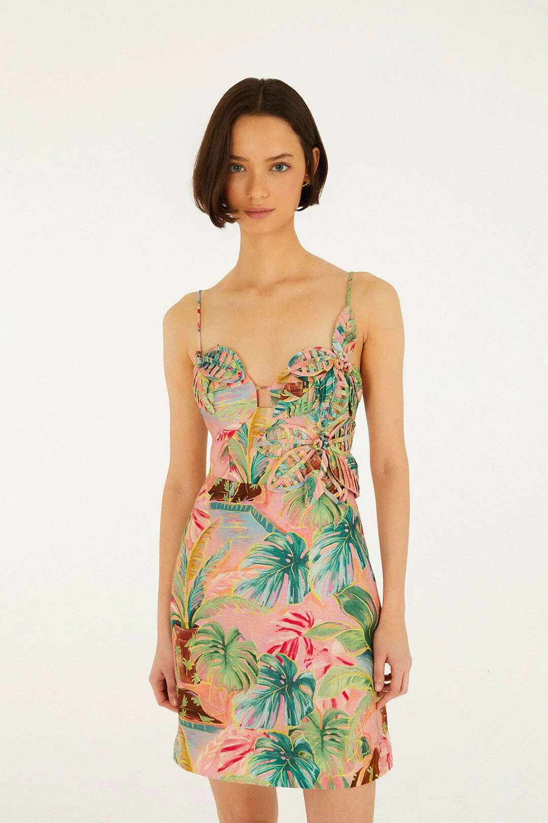 Soft Pink Pool Time 3d Flowers Euroflax™ Premium Linen Mini Dress - Image 4