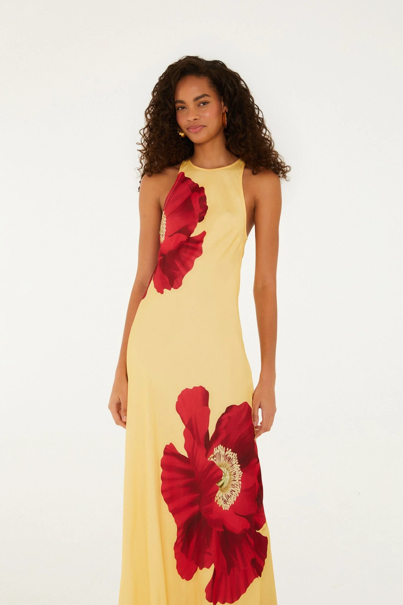 Light Yellow Poppy Flowers Sleeveless Lenzing Ecovero Viscose Maxi Dress - Image 3