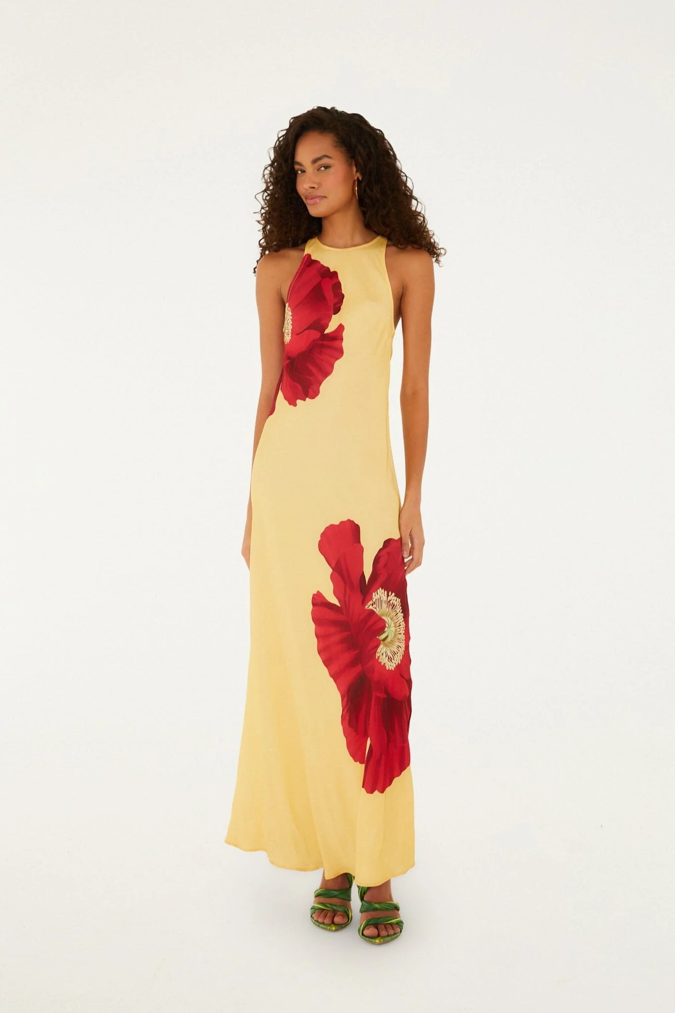 Light Yellow Poppy Flowers Sleeveless Lenzing Ecovero Viscose Maxi Dress - Image 6