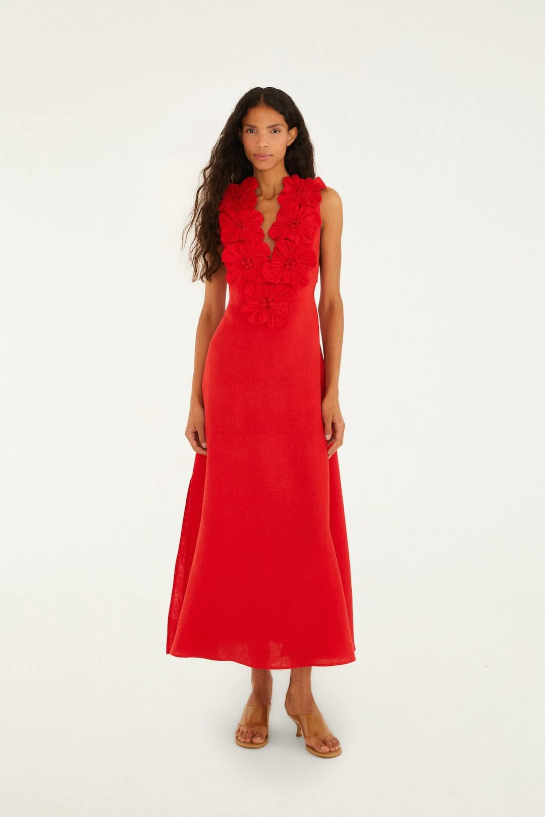 Red 3d Flower Euroflax Premium Linen Maxi Dress - Image 5