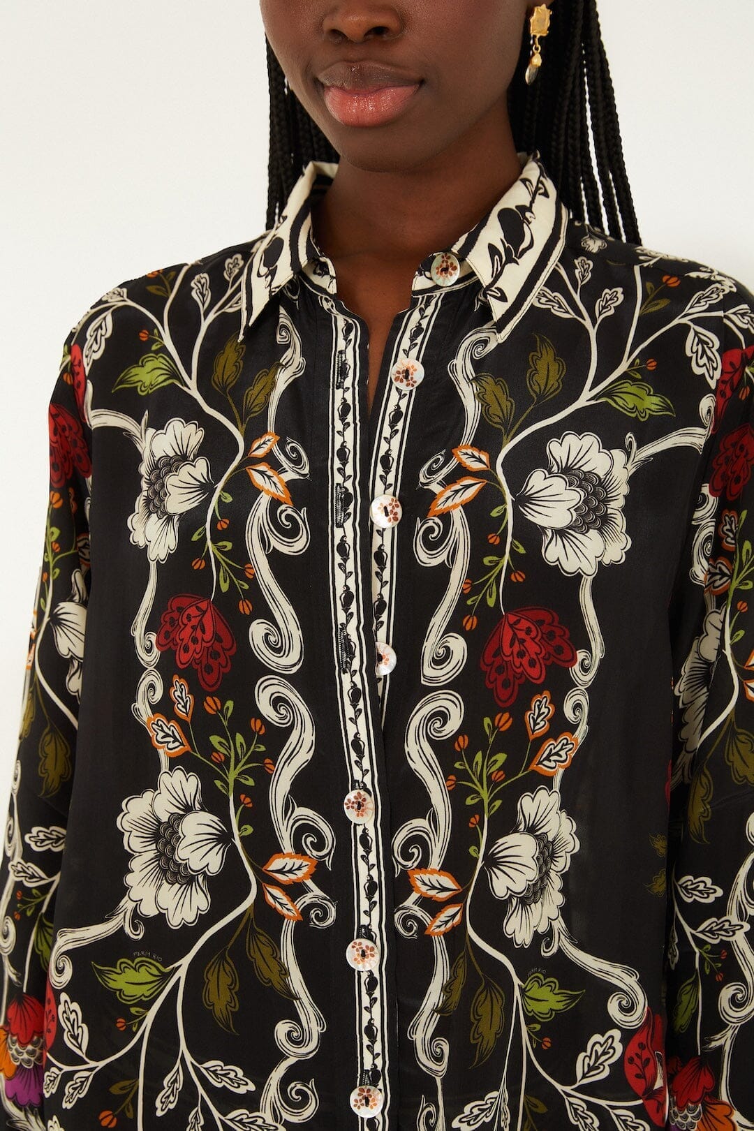 Black Rococo Flowers Collared Buttoned Shirt - Image 3