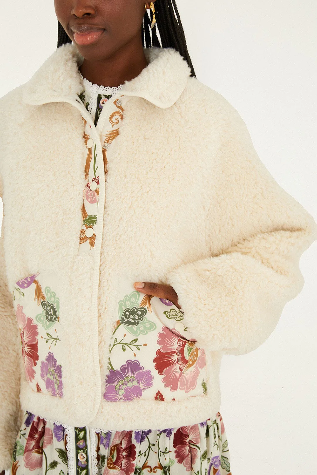 Cream Rococo Flowers Bomber Fleece Jacket - Image 2